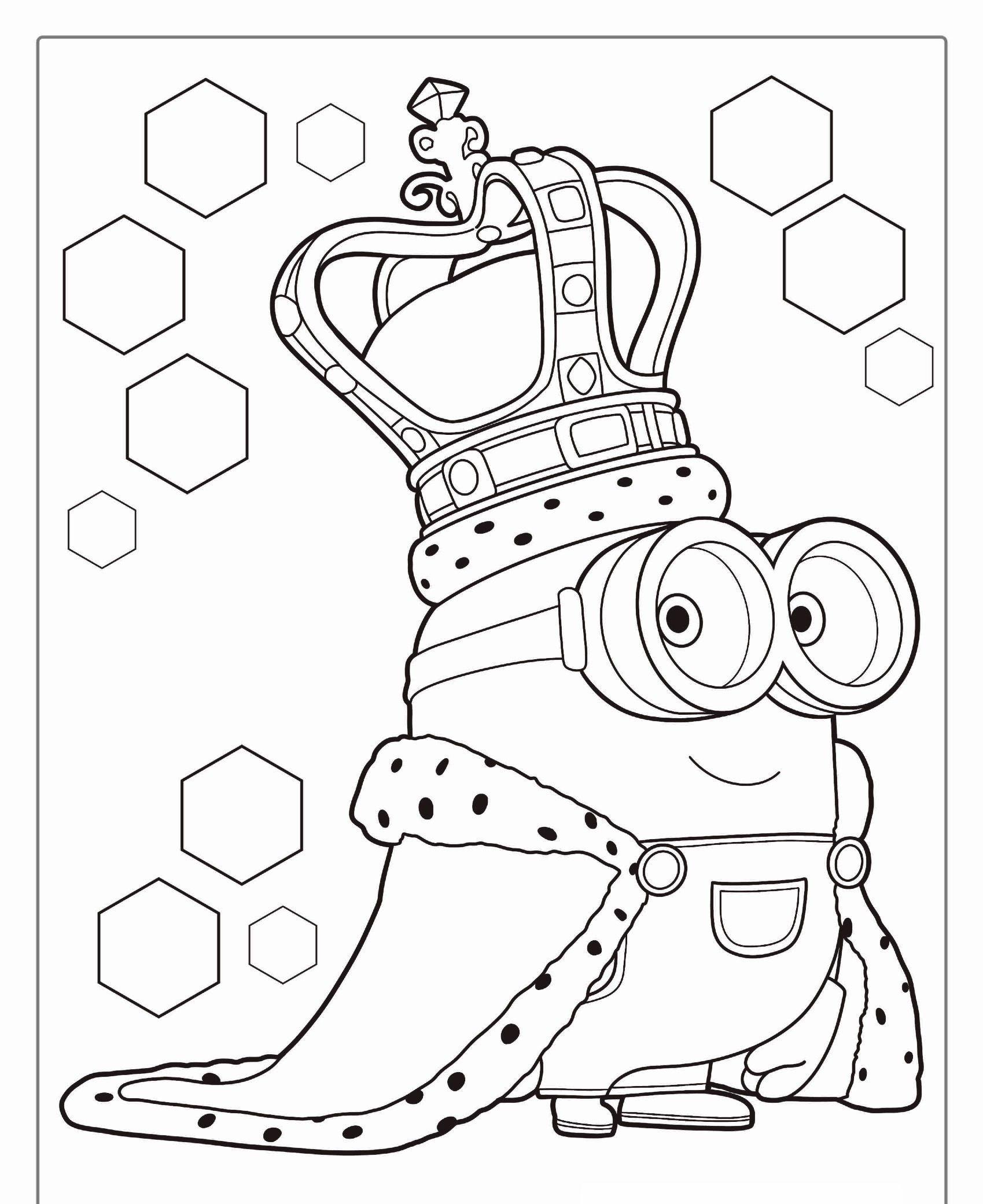 Um personagem de desenho animado com óculos, parecido com os Minions, usa uma coroa e um manto real, em um cenário de formas hexagonais, perfeito para qualquer "desenho para colorir". Para colorir.