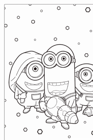 Página para colorir de três Minions com um deles segurando um brinquedo de foguete, cercado por pequenas formas geométricas. Perfeito para colorir este desenho delicioso, trazendo diversão e criatividade à vida. Para colorir.