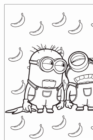 Dois personagens de desenho animado dos "Minions" em uma página para colorir com bananas ao fundo. Para colorir.