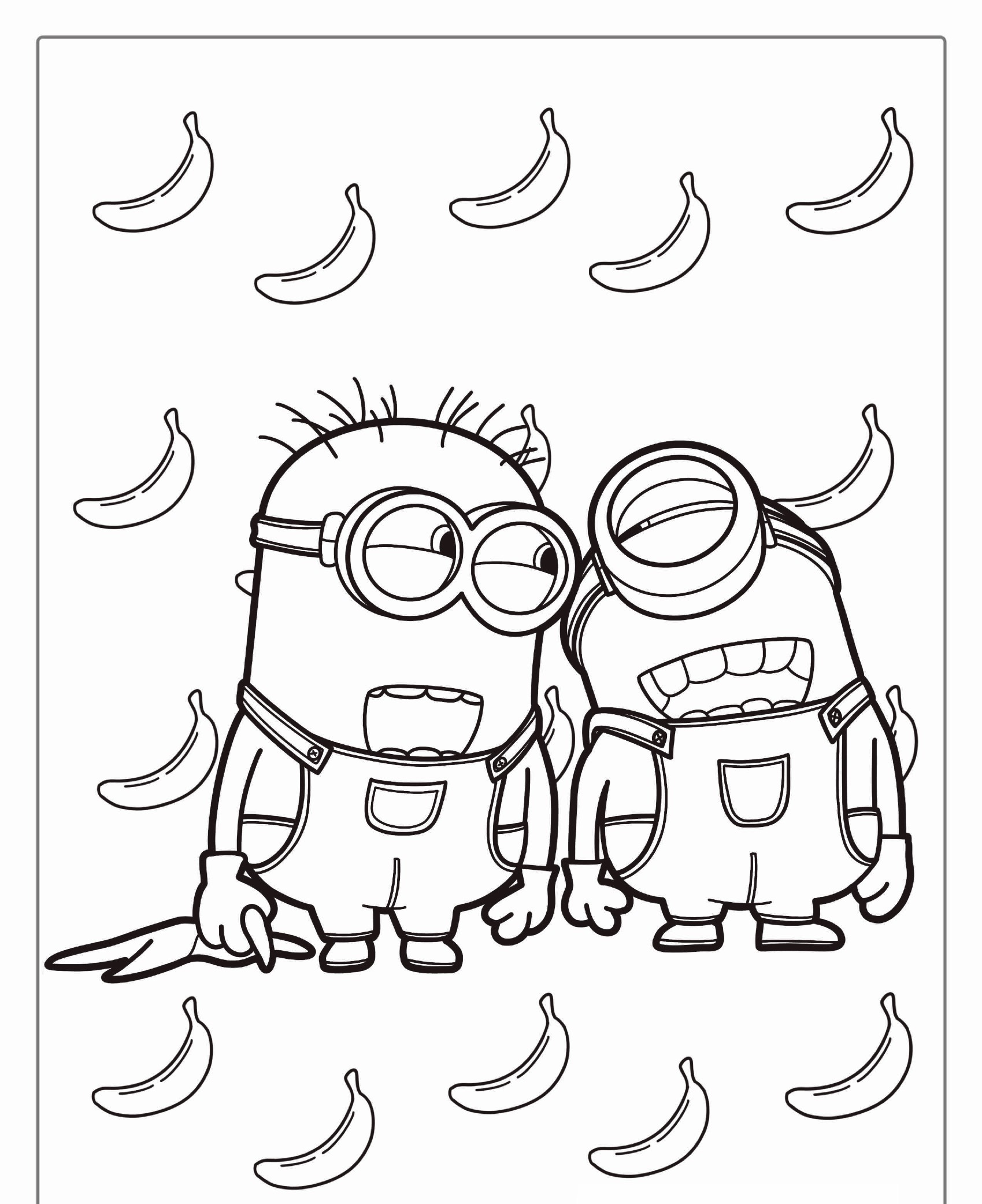 Dois personagens de desenho animado dos "Minions" em uma página para colorir com bananas ao fundo. Para colorir.