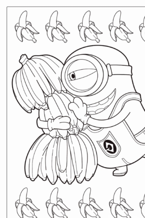 Uma criatura de desenho animado com óculos abraça um cacho de bananas. Bananas contornam a parte superior e inferior da imagem, dando a ela uma vibe divertida de Minions. Para colorir.