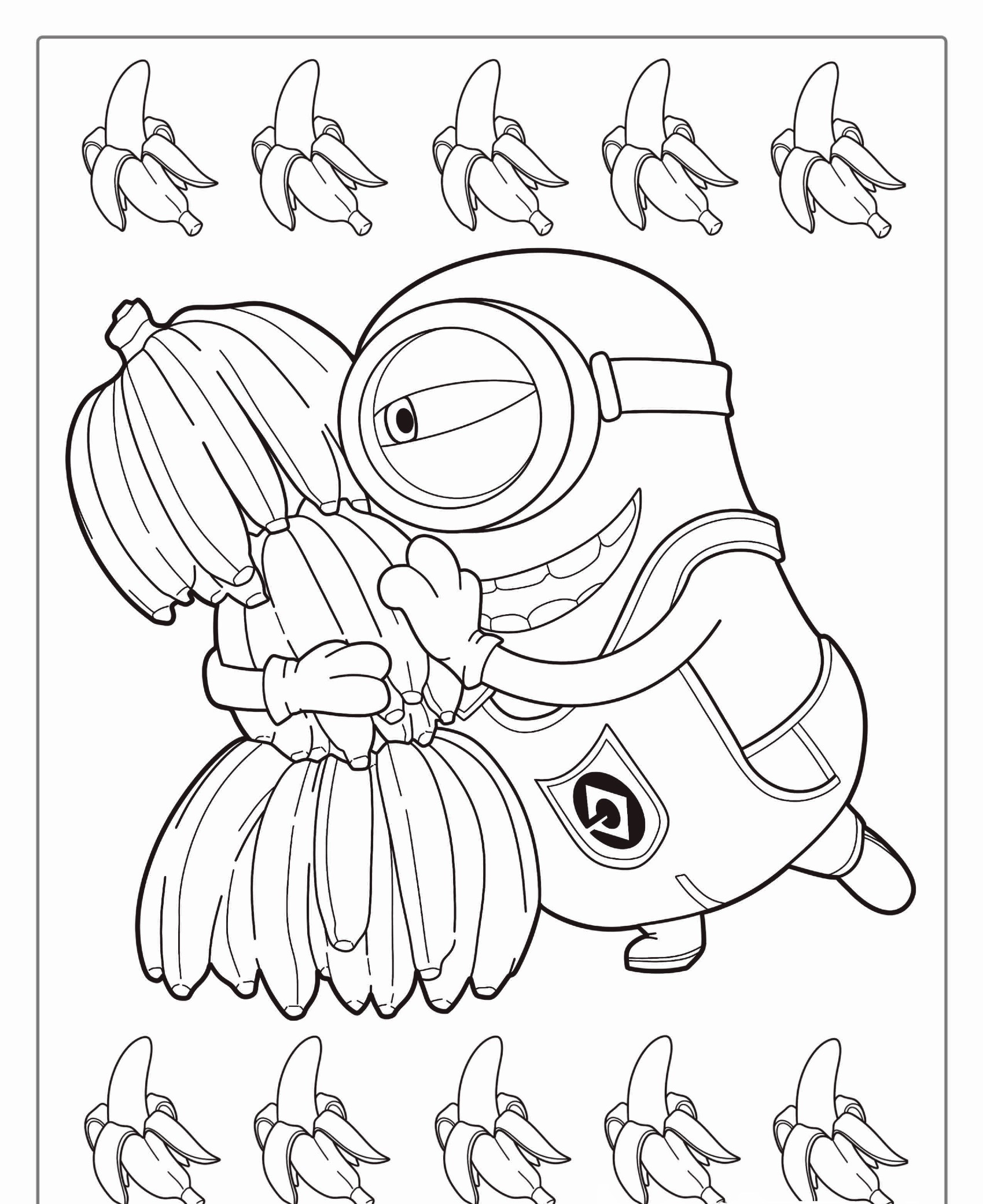 Uma criatura de desenho animado com óculos abraça um cacho de bananas. Bananas contornam a parte superior e inferior da imagem, dando a ela uma vibe divertida de Minions. Para colorir.