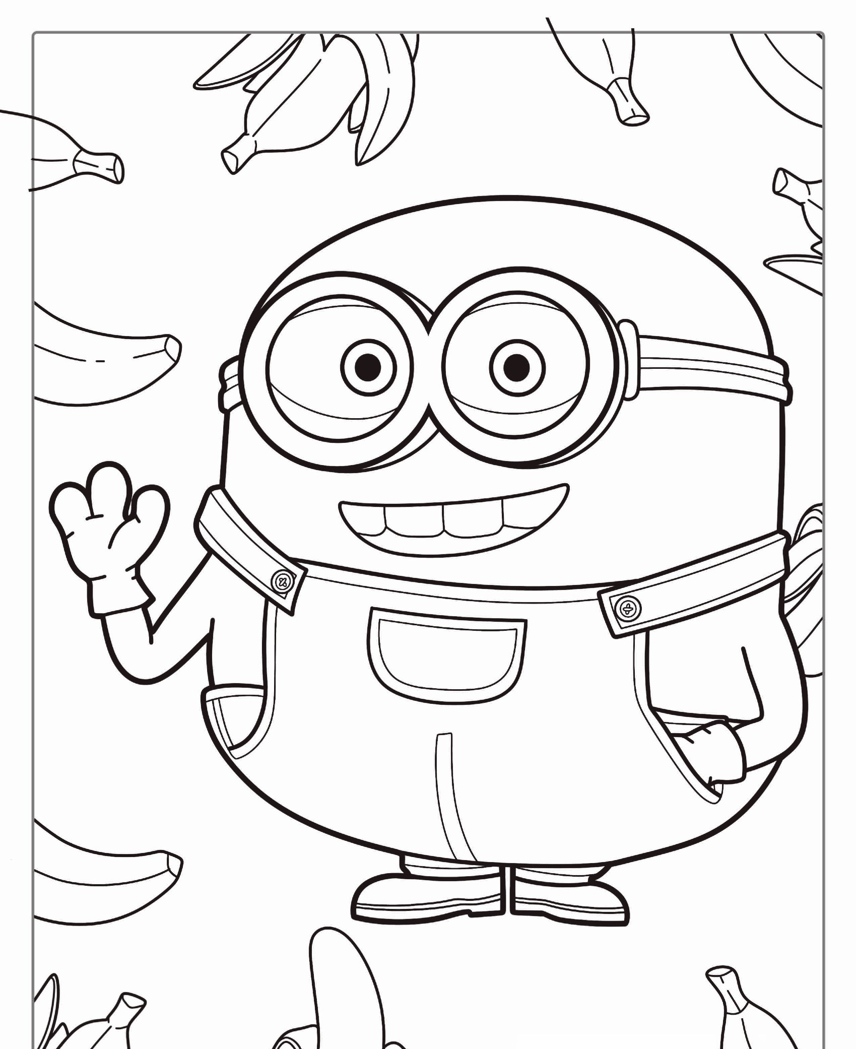 Um personagem de desenho animado usando óculos e macacão acena, cercado por bananas em um Desenho para colorir. Para colorir.