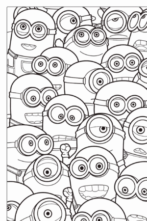 Um desenho para colorir em preto e branco com vários Minions com diferentes expressões e poses aglomerados. Para colorir.