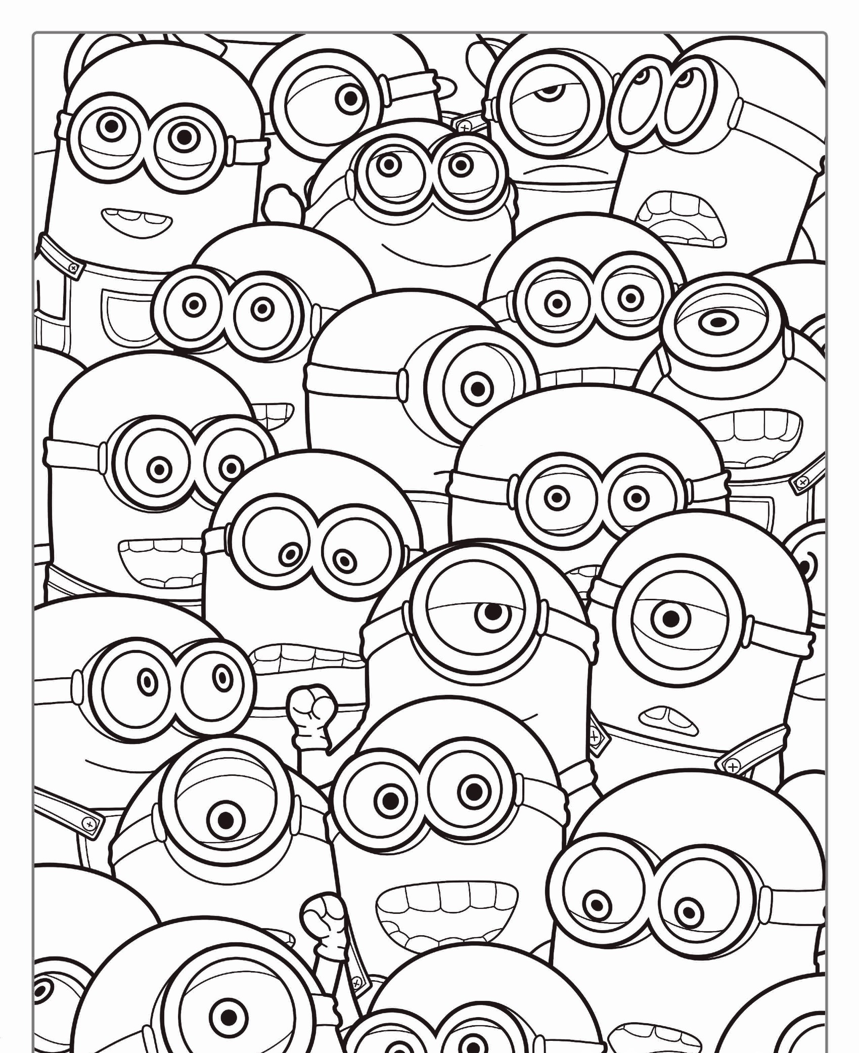 Um desenho para colorir em preto e branco com vários Minions com diferentes expressões e poses aglomerados. Para colorir.