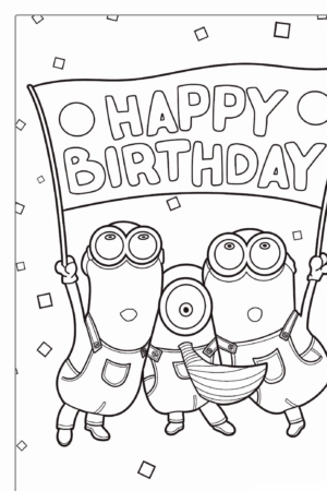 Três personagens dos Minions segurando uma faixa de "Feliz Aniversário", com confetes caindo ao redor deles. Para colorir.