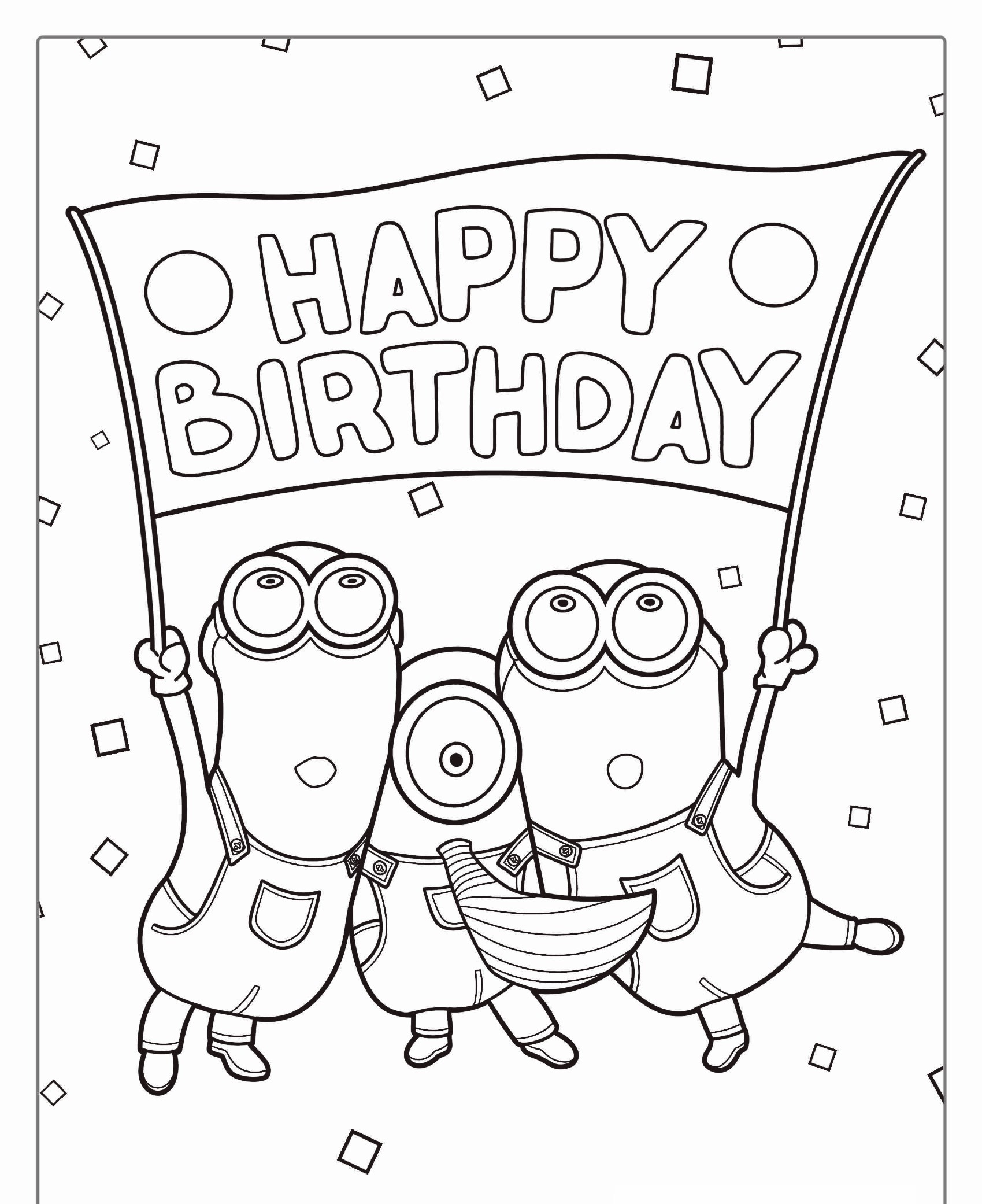 Três personagens dos Minions segurando uma faixa de "Feliz Aniversário", com confetes caindo ao redor deles. Para colorir.