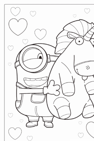 Um personagem de desenho animado abraçando um unicórnio de pelúcia com corações ao fundo, semelhante a cenas do Desenho Minions, criando um momento perfeito para colorir. Para colorir.