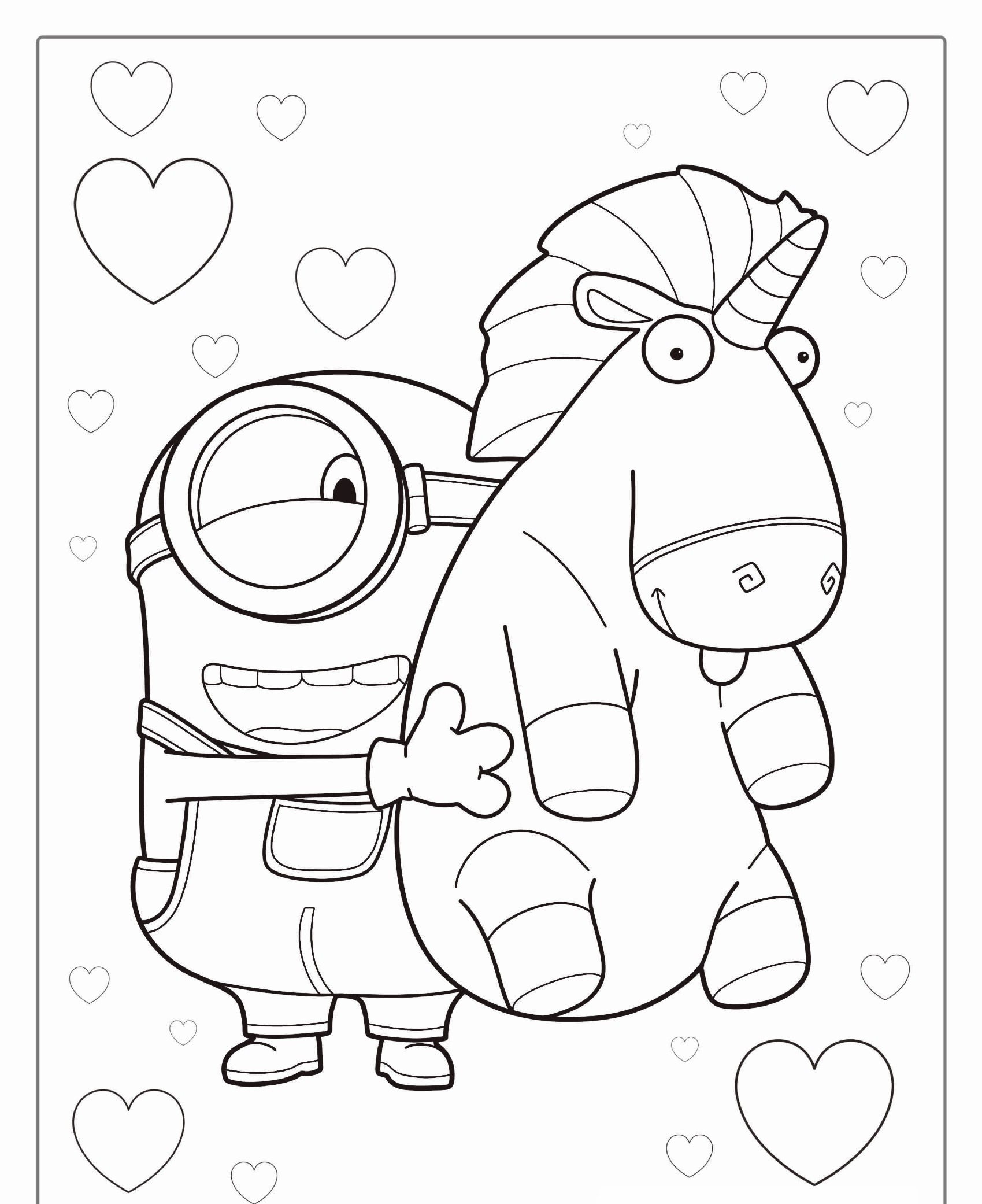 Um personagem de desenho animado abraçando um unicórnio de pelúcia com corações ao fundo, semelhante a cenas do Desenho Minions, criando um momento perfeito para colorir. Para colorir.