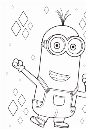 Um personagem de desenho animado com óculos e macacão, que lembra os Minions, está acenando, cercado por formas geométricas vibrantes ao fundo. Para colorir.