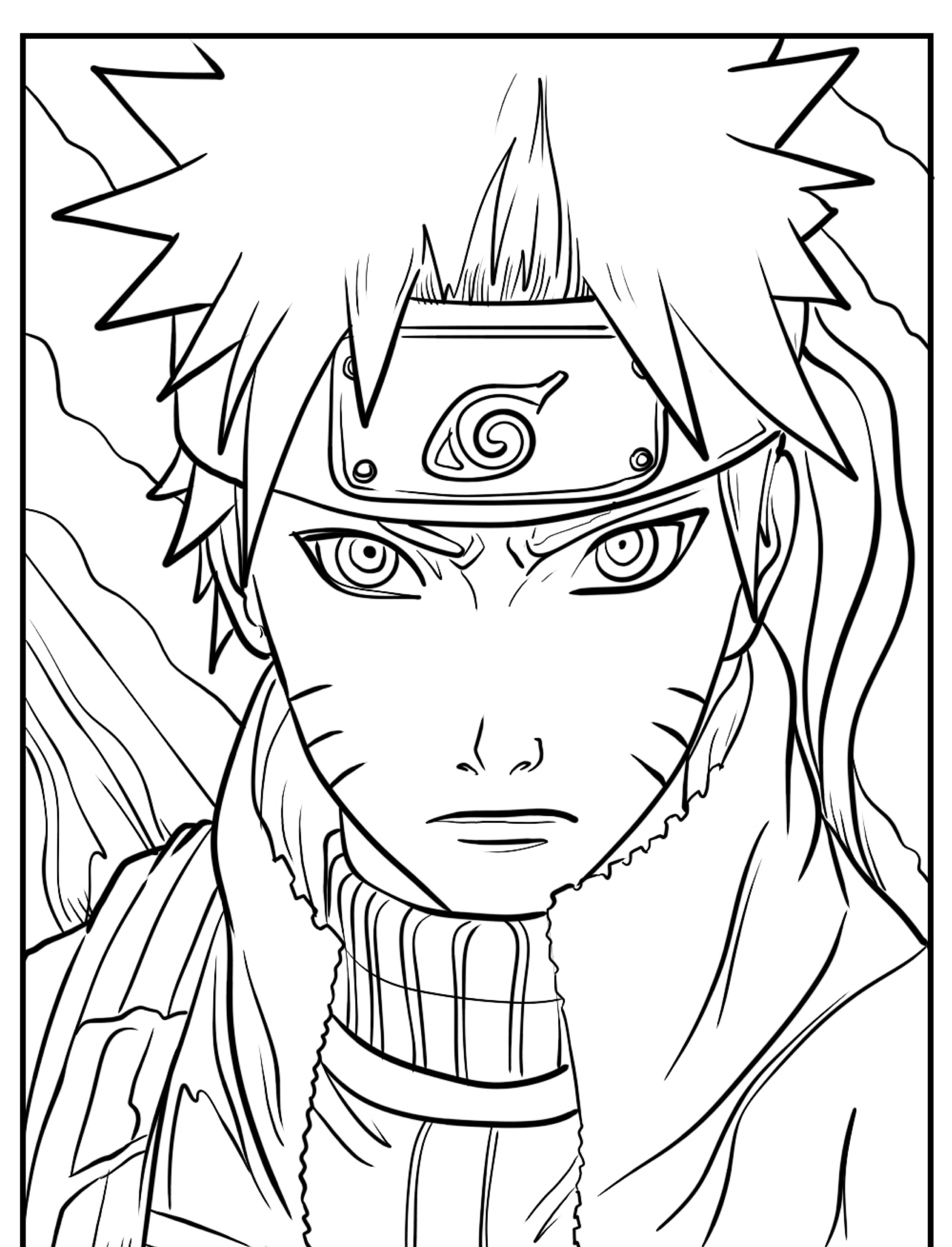 Arte de linha preta e branca de um personagem de anime sério com cabelo espetado, usando uma faixa na cabeça com um símbolo de folha. Perfeito para Desenho Para Colorir, reminiscente do estilo icônico de Naruto. Para desenhar.