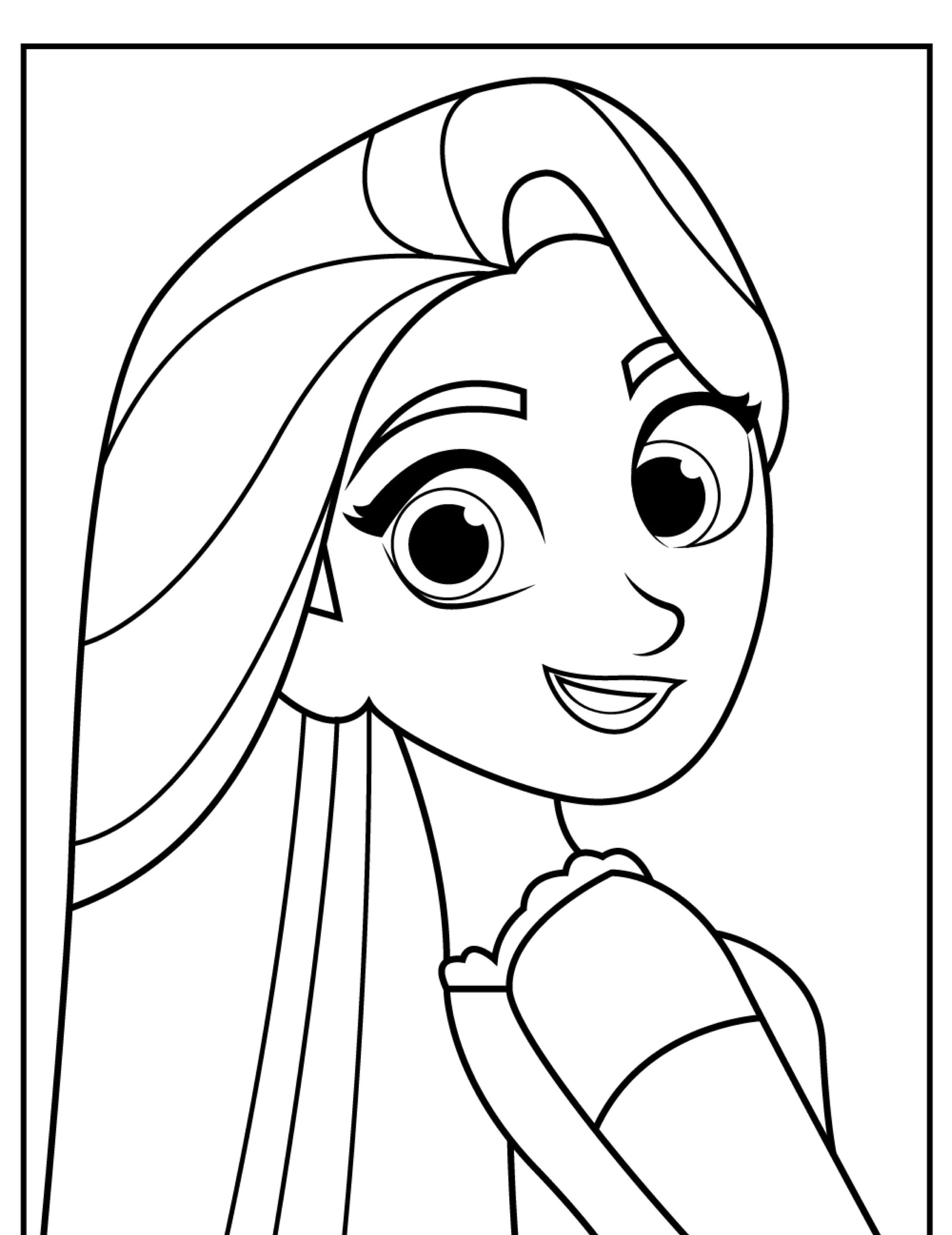 Página para colorir em preto e branco de uma garota animada sorridente com cabelos longos, olhos grandes e um vestido. Inspirado em Rapunzel, este desenho para colorir captura sua essência encantadora perfeitamente.