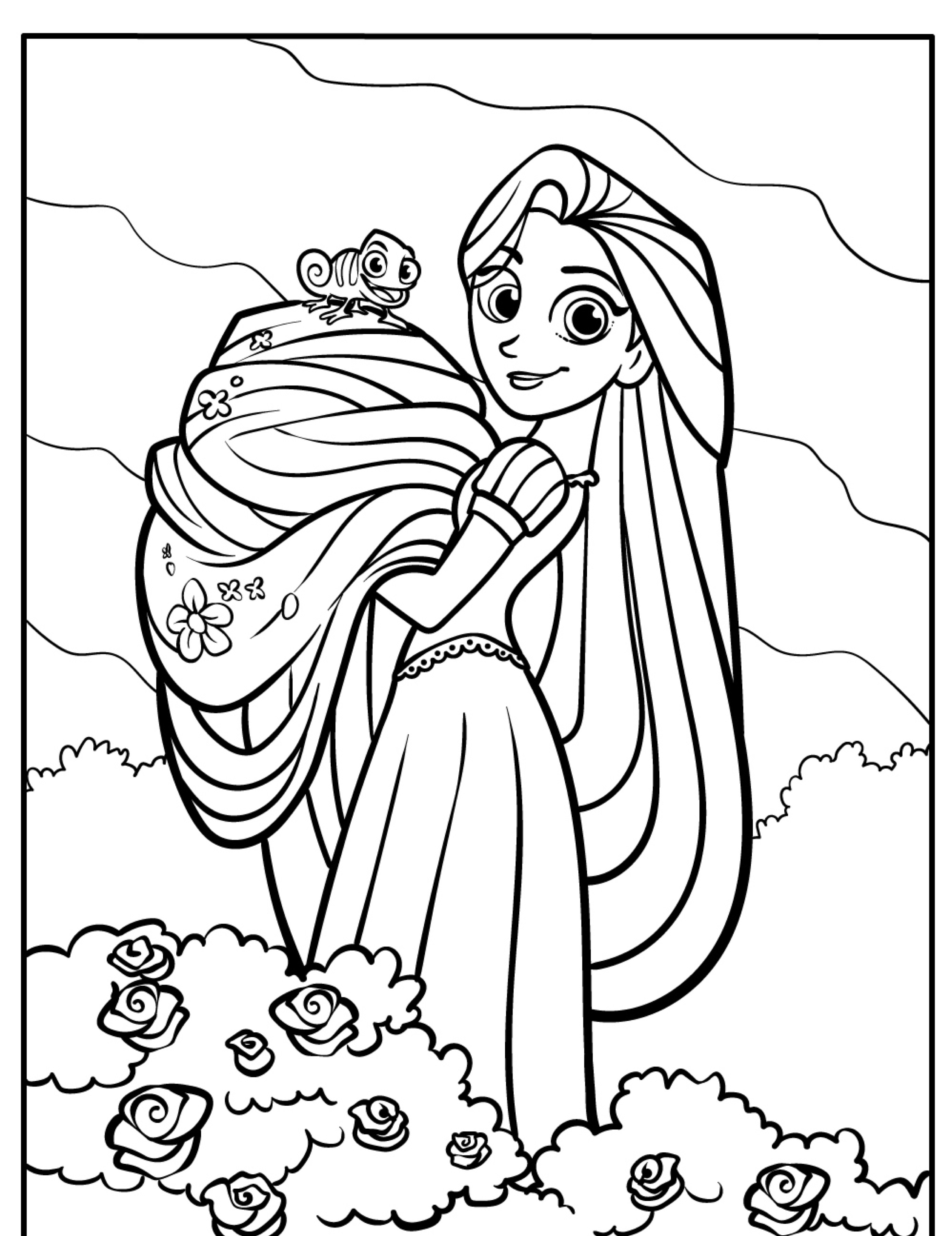 Uma princesa de cabelos longos chamada Rapunzel segura seus cabelos enquanto um pequeno camaleão está sentado neles em um jardim com flores desabrochando, quase como uma cena saída diretamente do seu desenho para colorir favorito.