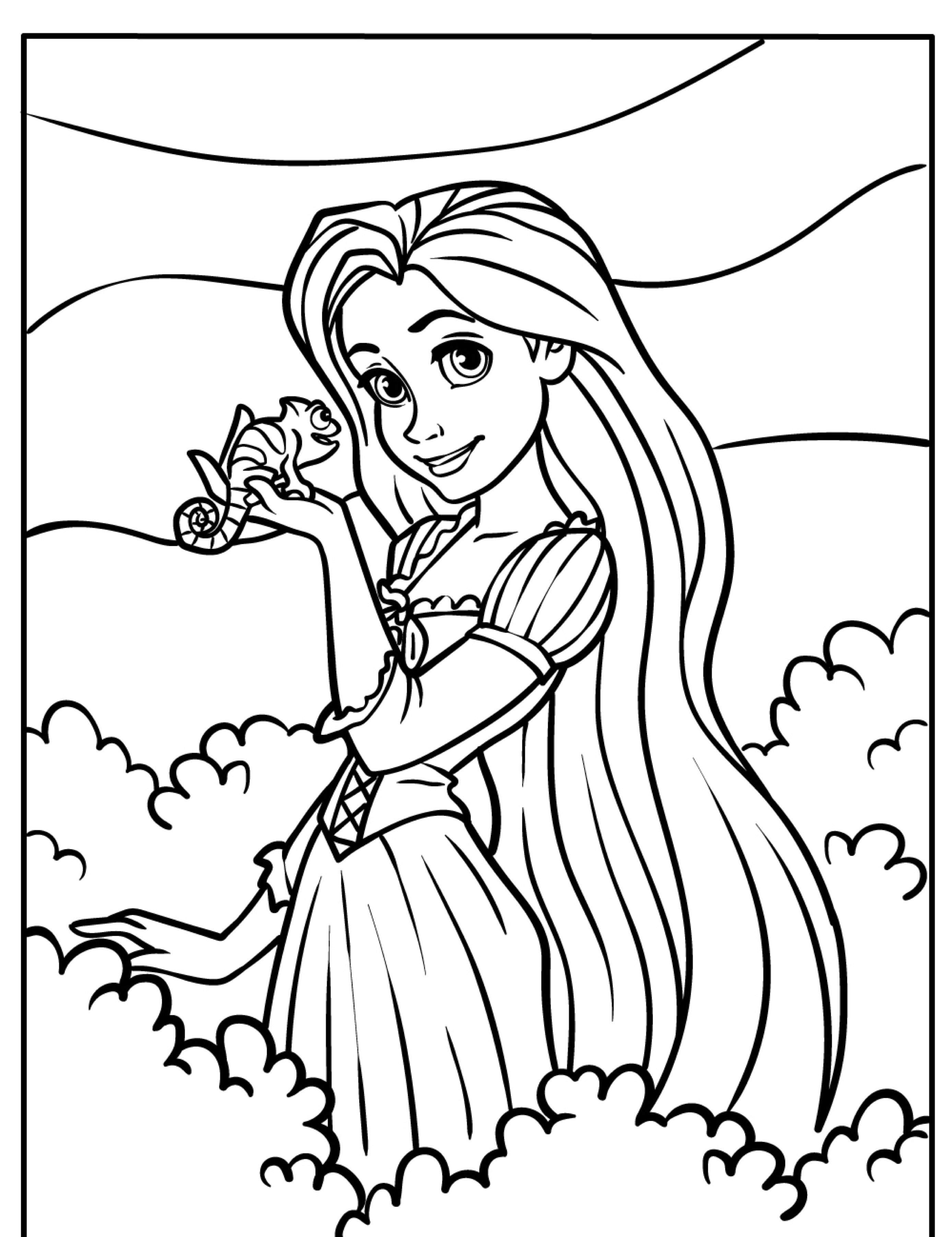 Uma princesa de cabelos longos, parecida com Rapunzel, segura um camaleão enquanto está cercada por nuvens em um desenho para colorir lindamente detalhado.