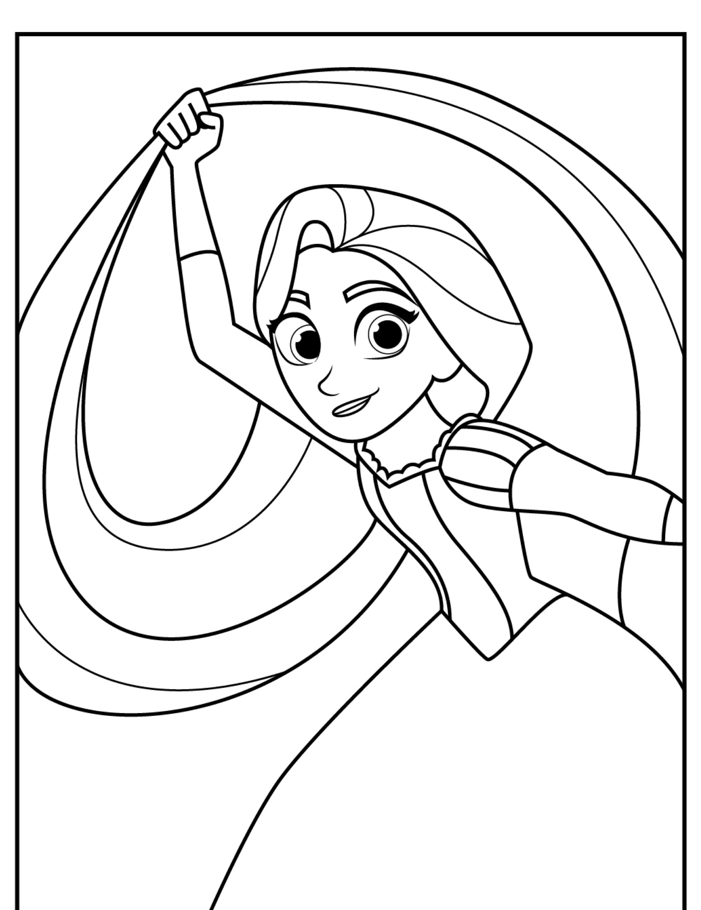 Uma página para colorir em preto e branco de uma menina com cabelos longos, parecida com Rapunzel, sorrindo e segurando o cabelo com uma mão em uma pose de ação — um desenho para colorir perfeito.