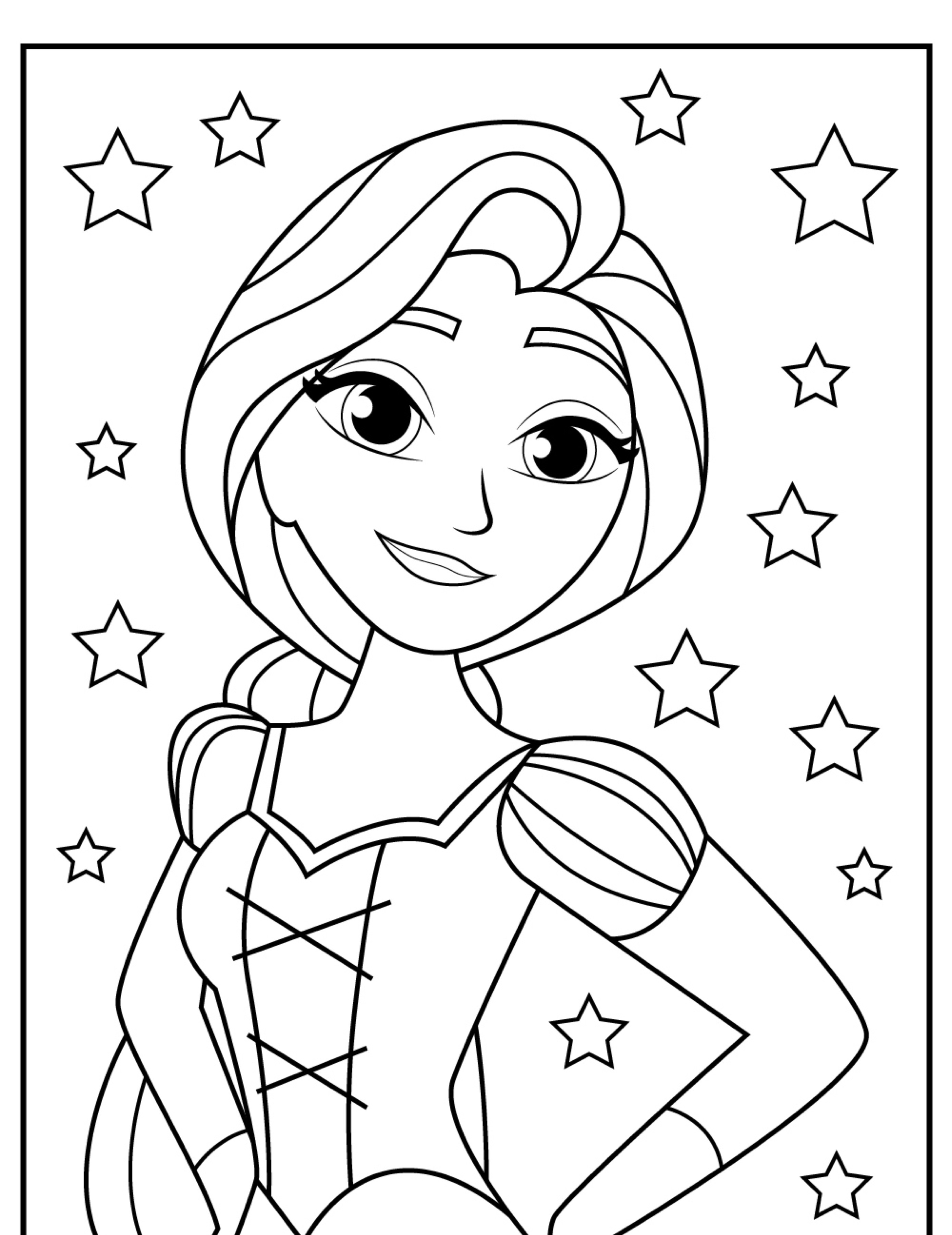 Página para colorir de uma princesa sorridente com cabelos longos, que lembra Rapunzel, cercada por estrelas.