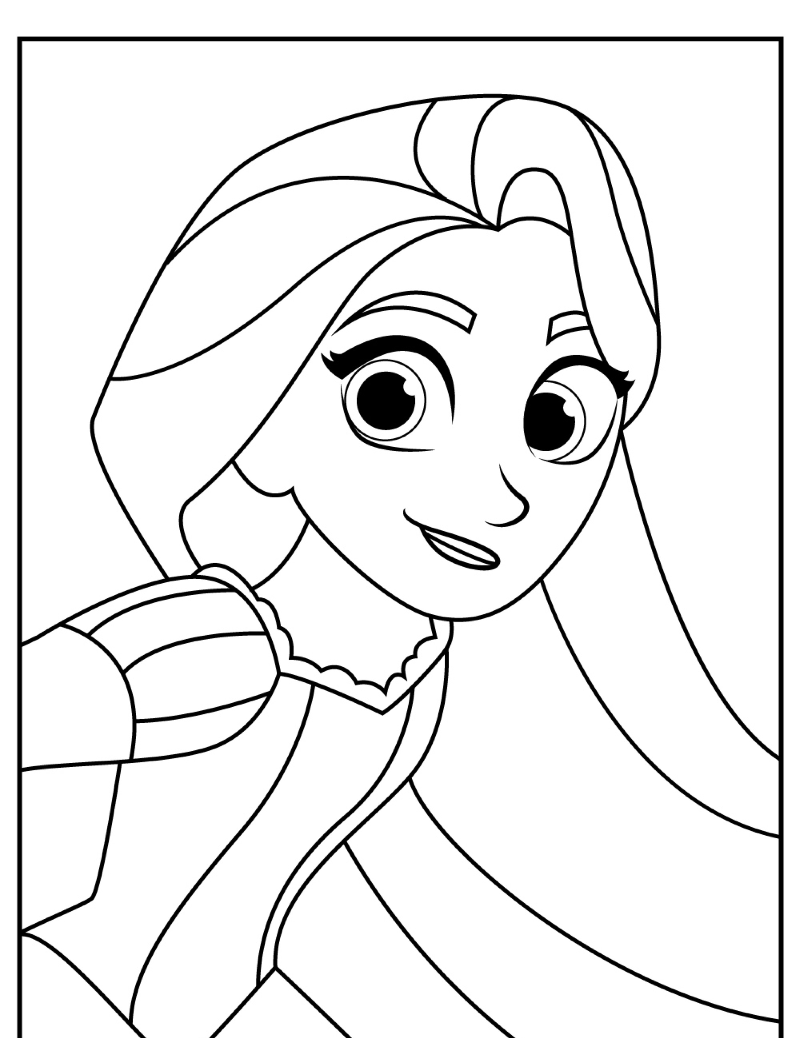 Página para colorir em preto e branco de uma menina com cabelos longos e um vestido, sorrindo com olhos arregalados e um rosto expressivo. Este desenho lembra Rapunzel, perfeito para as crianças colorirem e darem vida à sua história encantadora.