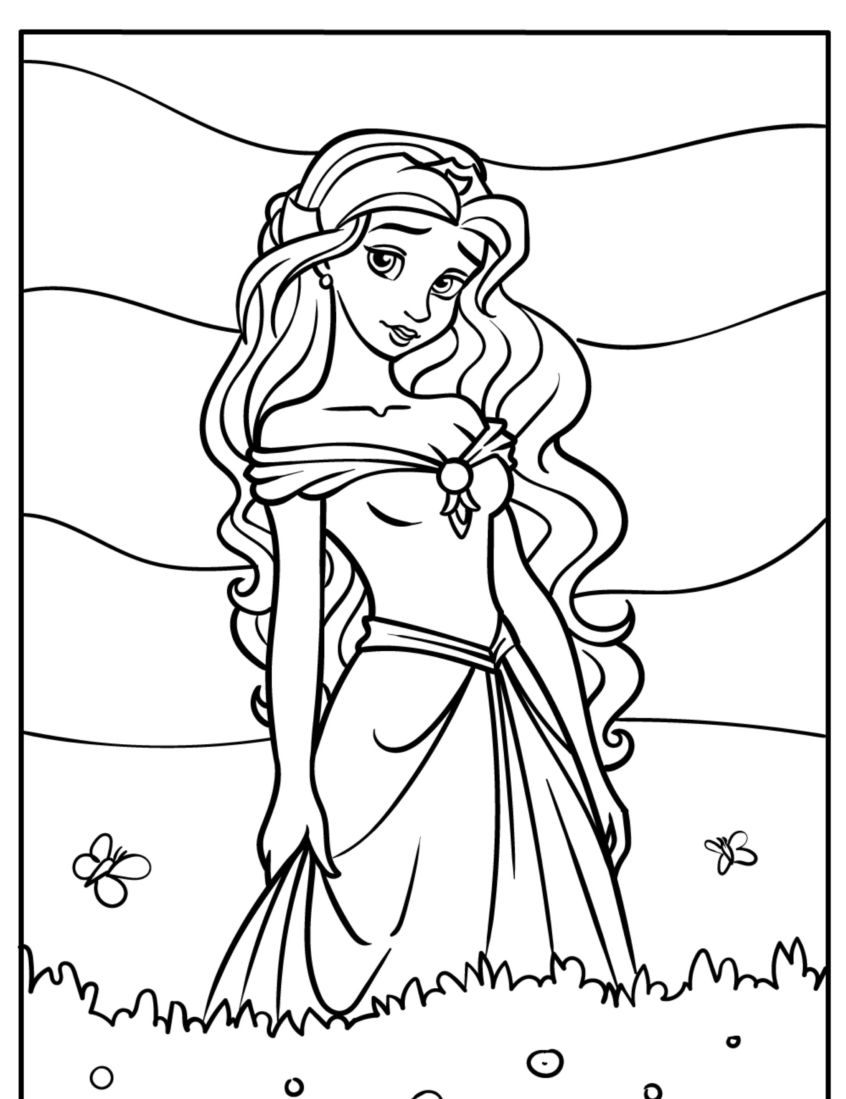 Uma princesa que lembra Rapunzel, com cabelos longos e soltos, está em um campo usando um elegante vestido ombro a ombro. É como entrar em um lindo desenho para colorir.