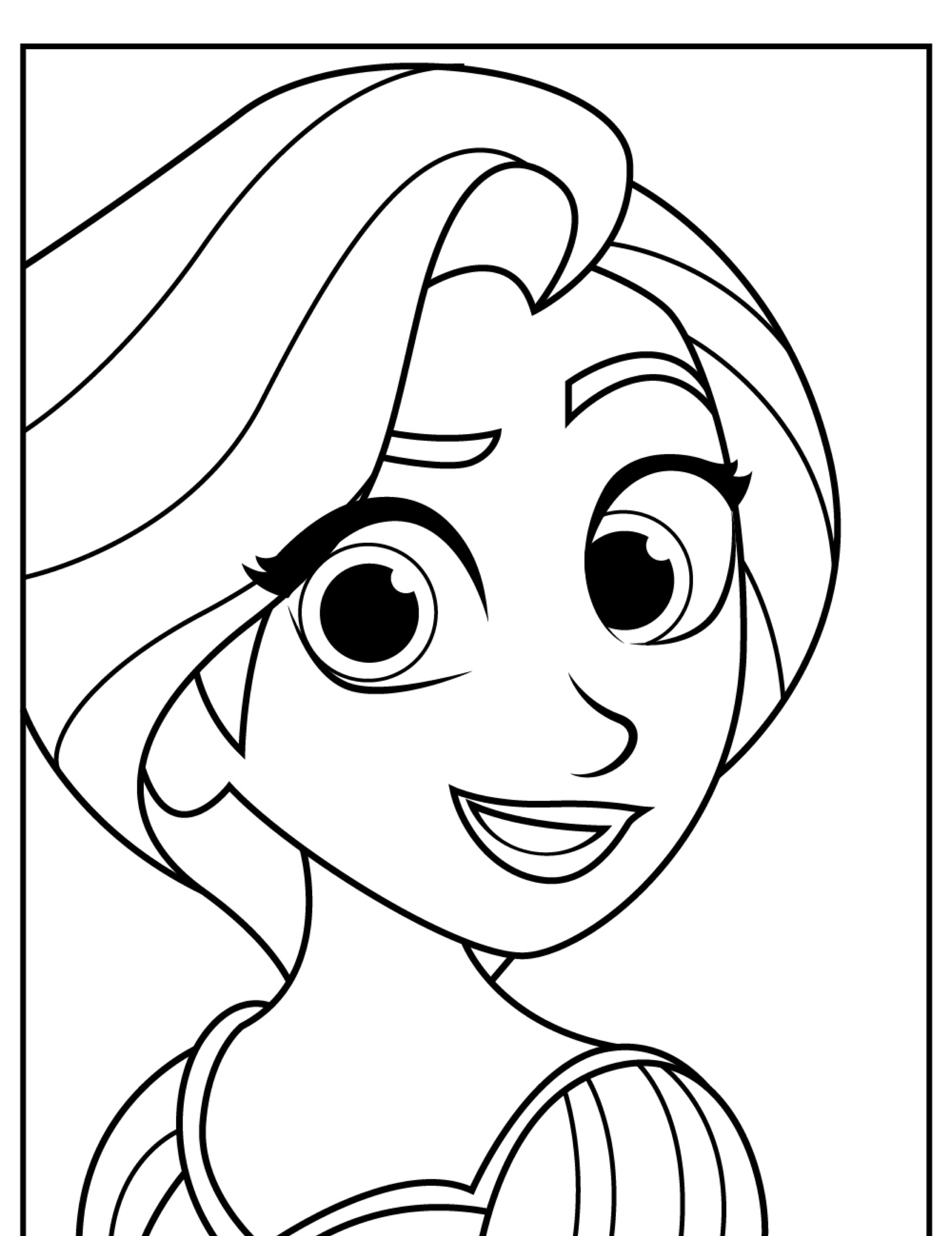 Desenho de uma personagem feminina animada sorridente, com olhos grandes e cabelos soltos, que lembra Rapunzel, perfeito para desenho para colorir.