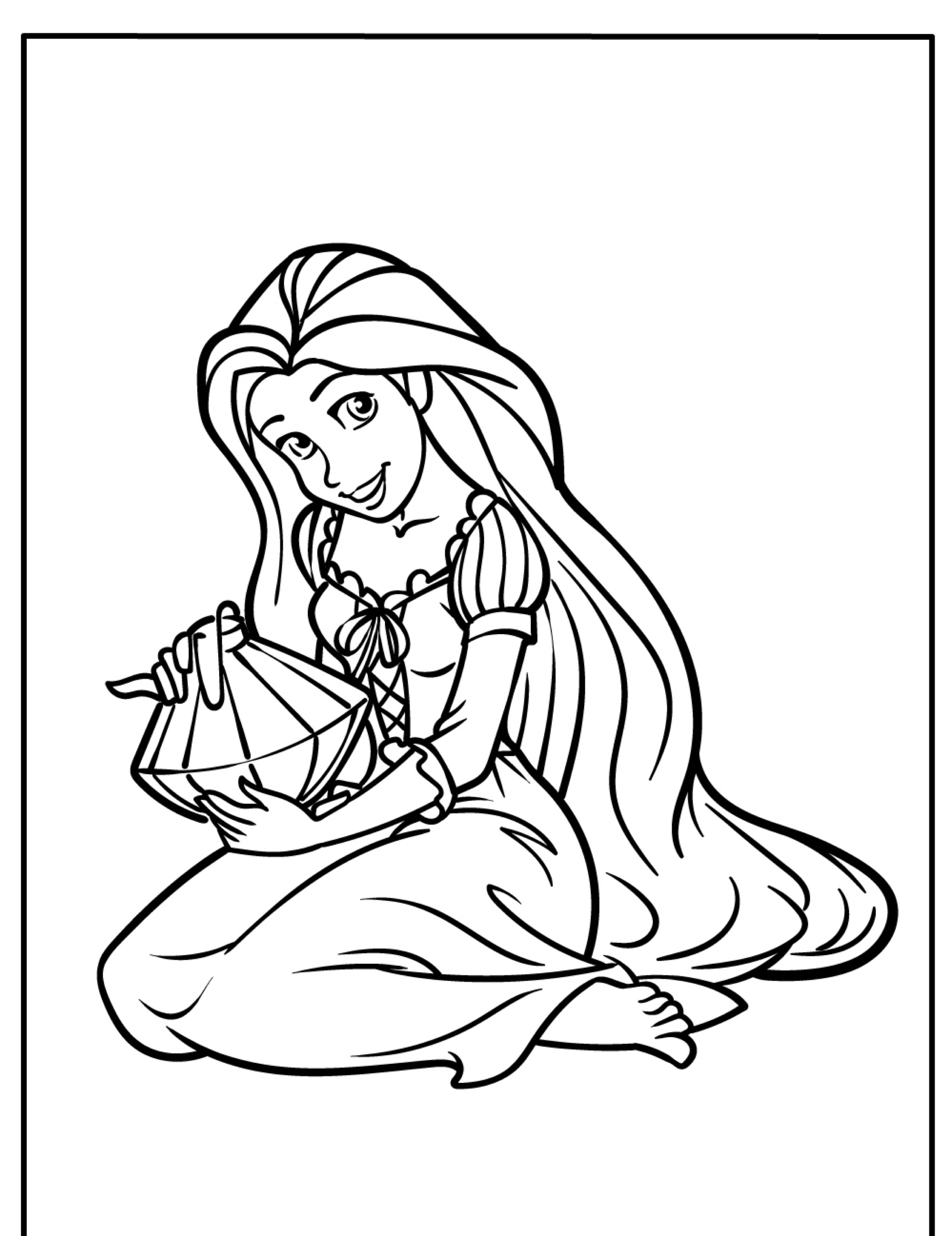 A princesa de longos cabelos, parecendo Rapunzel, está sentada no chão segurando uma lanterna e sorrindo. Desenho em estilo página para colorir.