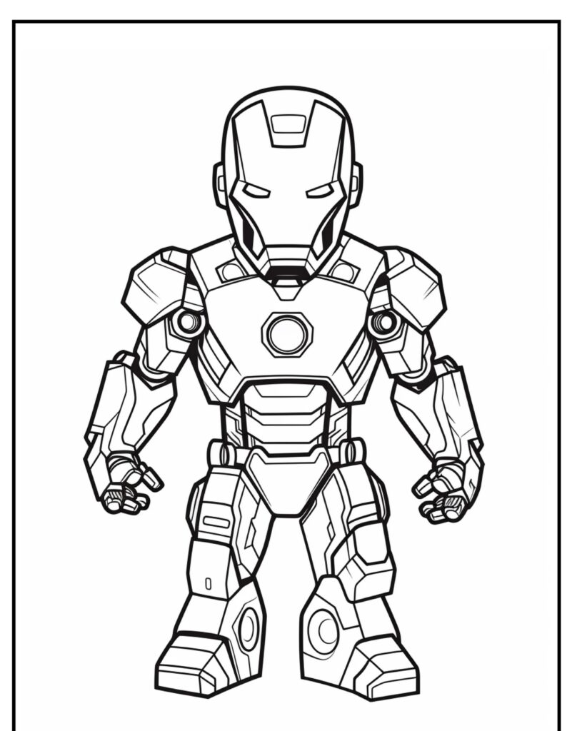 Desenho para colorir em preto e branco com um robô estilizado com formato humanoide e armadura angular, que lembra um homem de ferro.