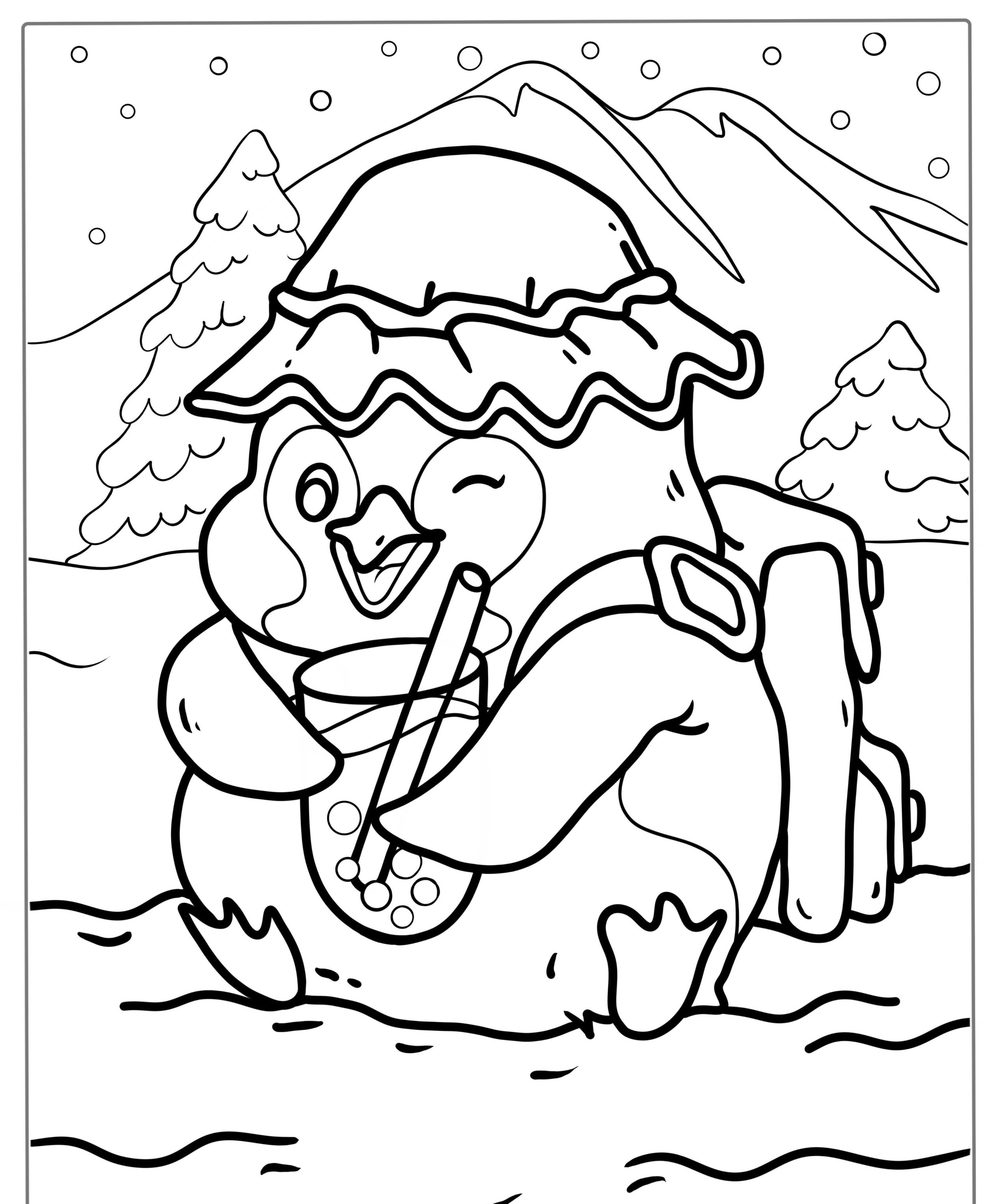 Um pinguim fofo com um chapéu toma uma bebida com um canudo. Montanhas nevadas e algumas árvores ao fundo dão charme a essa cena, perfeita para colorir ou apresentar em desenhos kawaii. Para colorir.