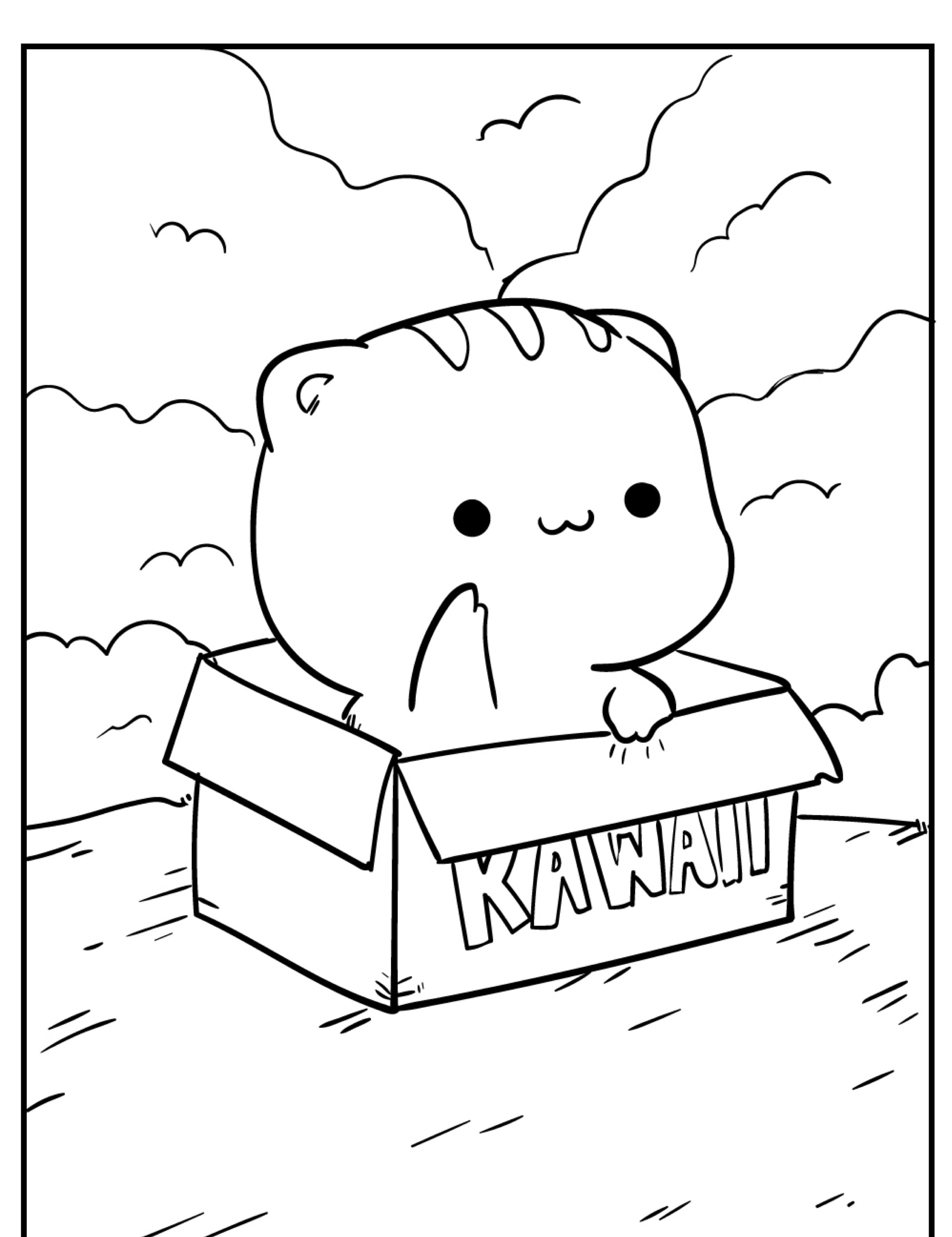 Um lindo gato de desenho animado com orelhas pequenas e características faciais simples espia para fora de uma caixa com o rótulo "KAWAII" e nuvens ao fundo, perfeito para desenhos kawaii para imprimir e colorir. Para colorir.