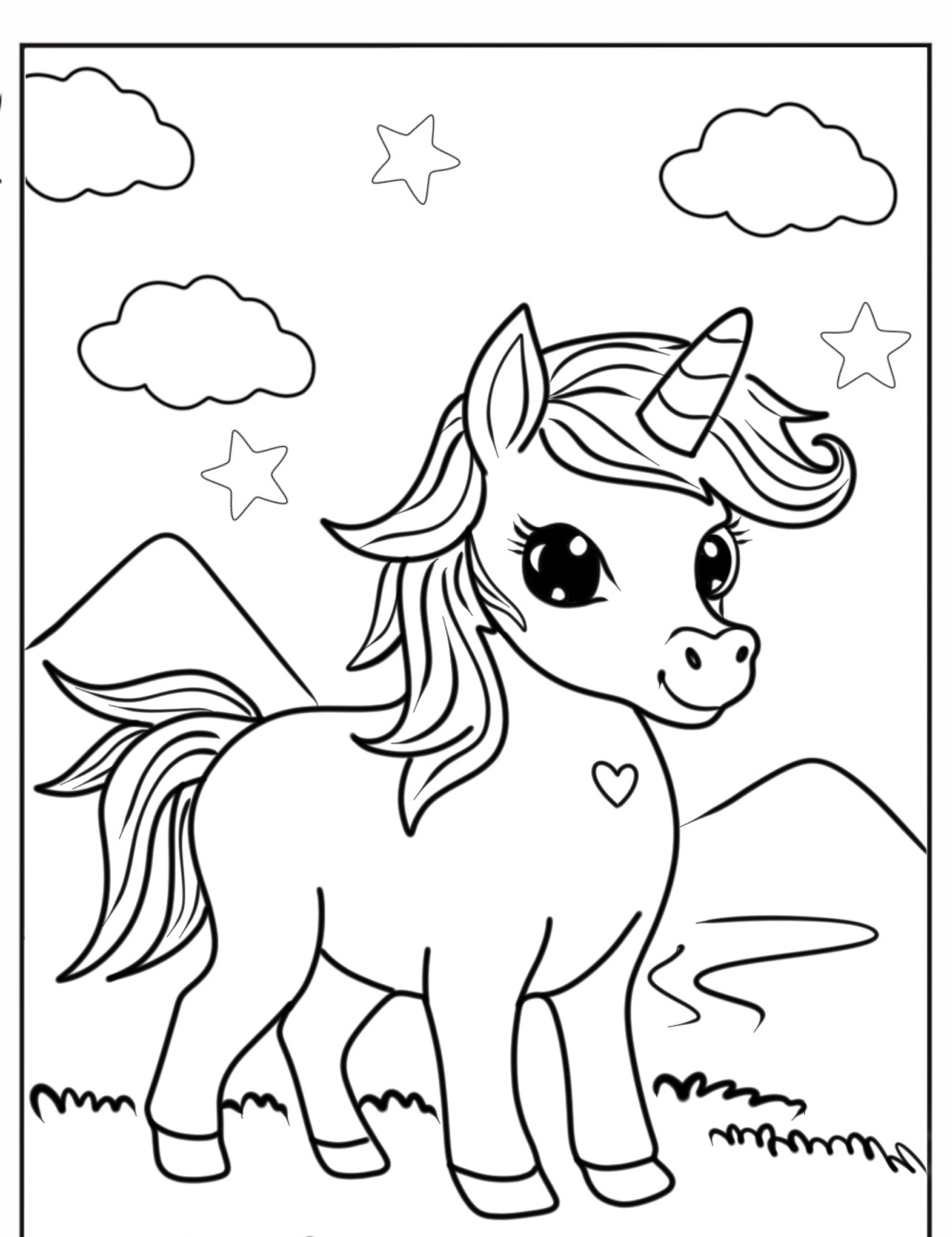 Uma página para colorir de um unicórnio fofo com estrelas, montanhas e nuvens ao fundo, perfeita para imprimir e colorir desenhos kawaii. Para colorir.