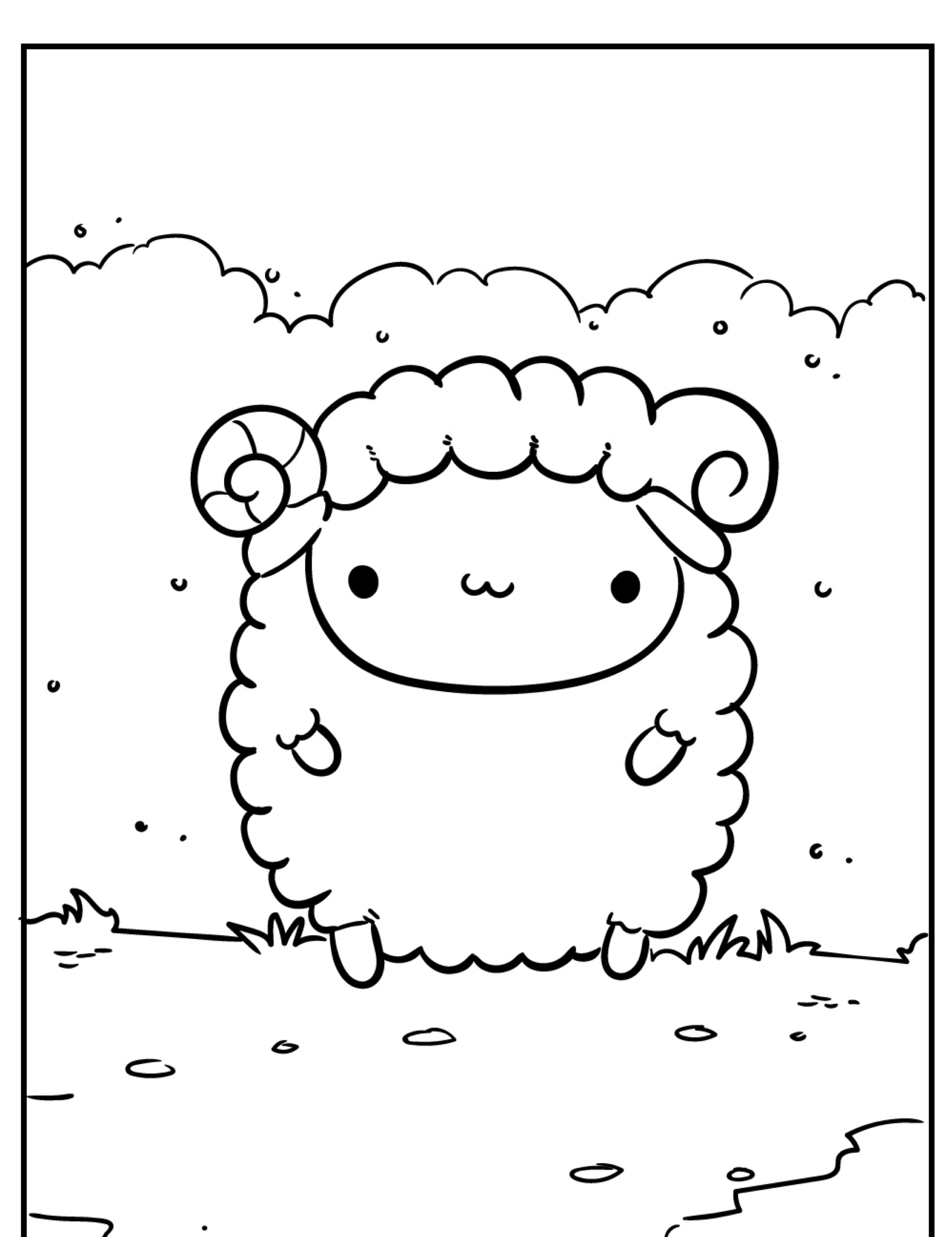 Uma linda ovelha de desenho animado com lã encaracolada está em um campo gramado com um céu nublado ao fundo, perfeita para imprimir desenhos kawaii para colorir. Para colorir.