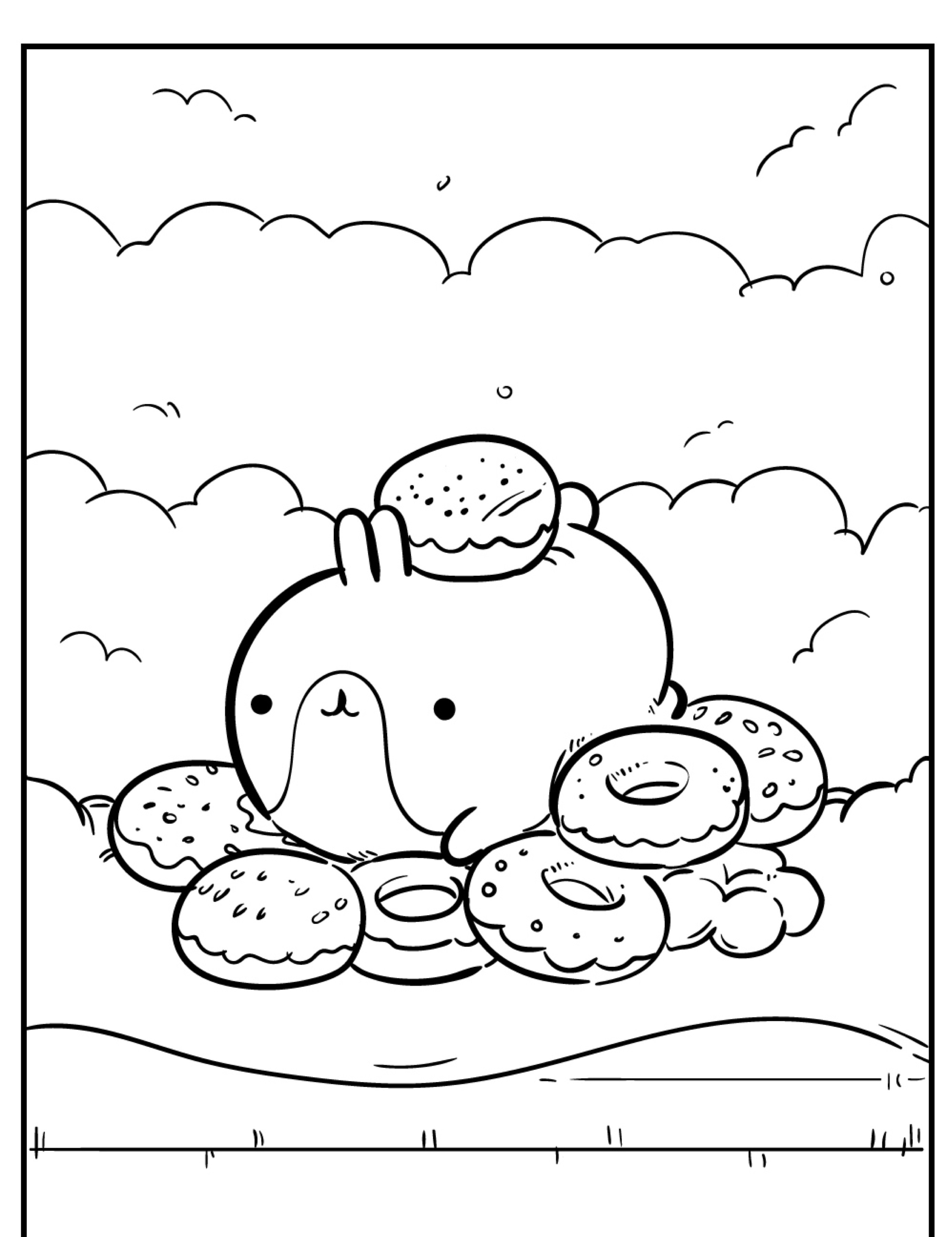 Um coelhinho fofo está sentado entre donuts e doces em um céu fofo e cheio de nuvens. Um donut repousa sobre sua cabeça, criando desenhos kawaii perfeitos para colorir. Para colorir.