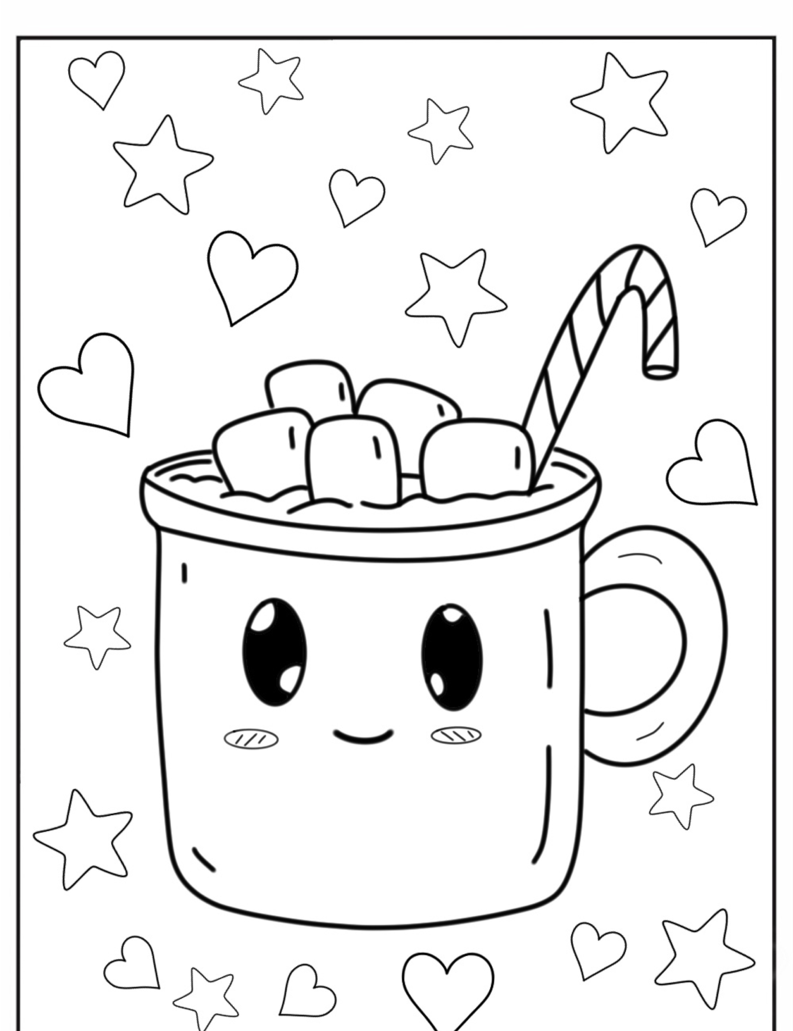 Caneca fofa com marshmallows e um bastão de doces, cercado por corações e estrelas, desenhado em estilo kawaii — perfeito para desenhos kawaii para colorir e imprimir! Para colorir.