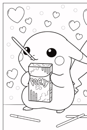 Um Pikachu fofo segurando uma caixa de Pocky, cercado por corações e bolinhas ao fundo. Para colorir.