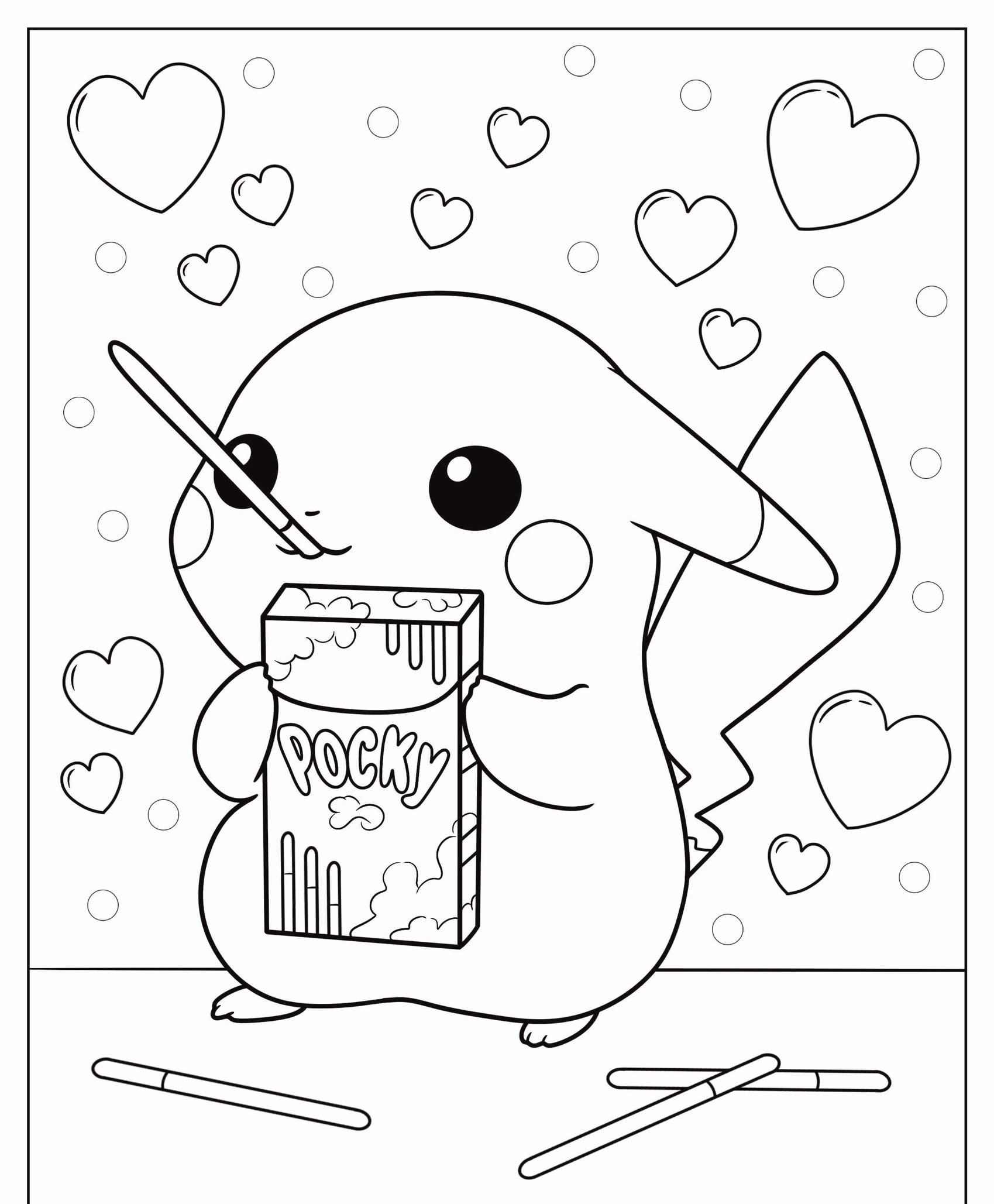 Um Pikachu fofo segurando uma caixa de Pocky, cercado por corações e bolinhas ao fundo. Para colorir.