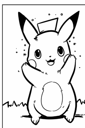 Desenho em preto e branco do Pikachu em pé na grama com os braços levantados, uma expressão feliz e alguns brilhos ao redor da cabeça, perfeito para colorir. Para colorir.