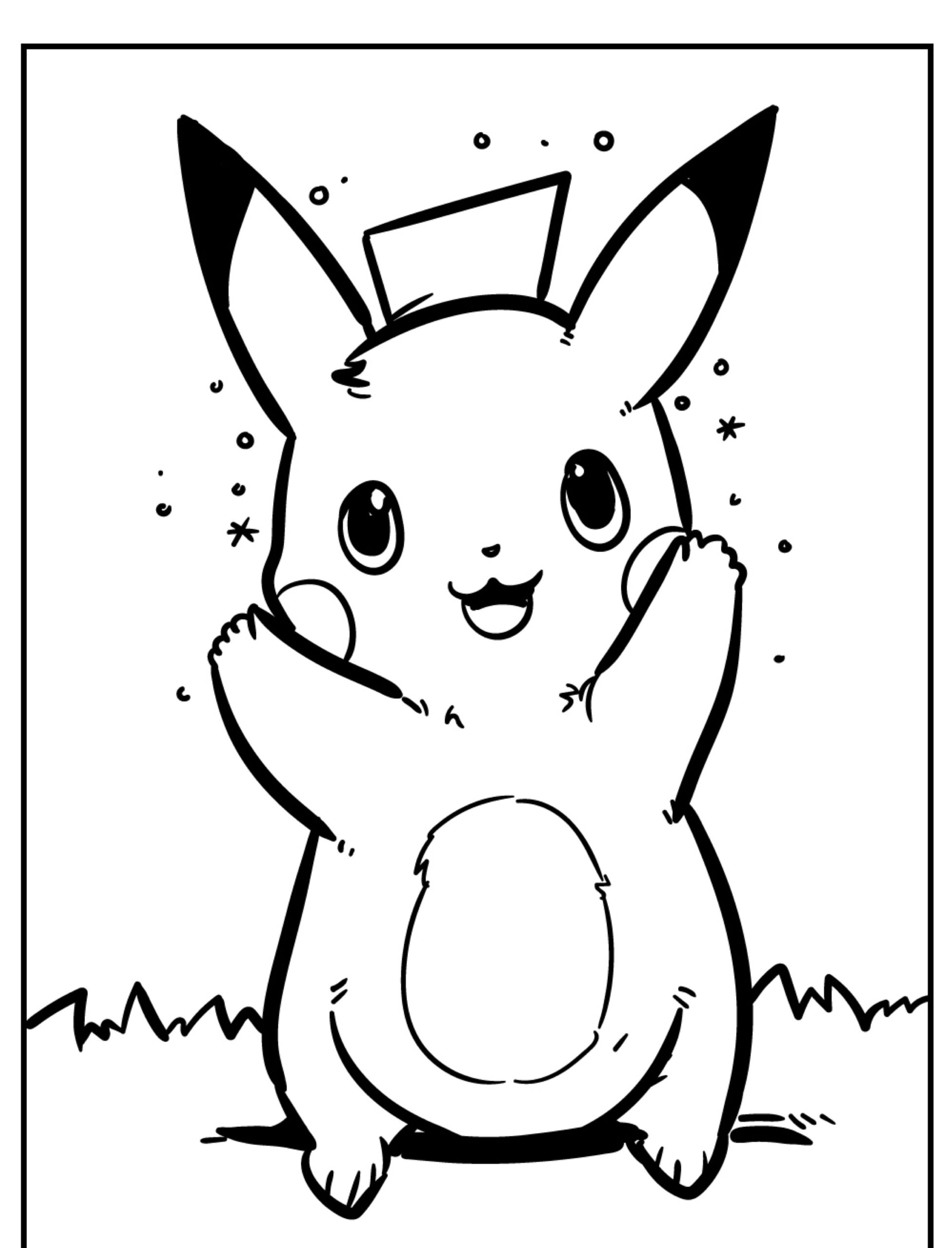 Desenho em preto e branco do Pikachu em pé na grama com os braços levantados, uma expressão feliz e alguns brilhos ao redor da cabeça, perfeito para colorir. Para colorir.