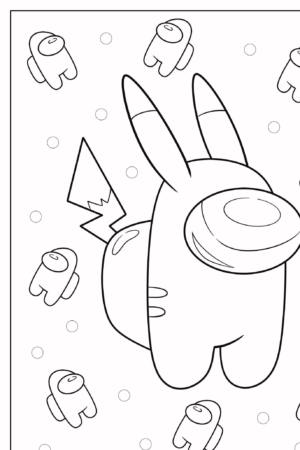 Personagem de Among Us com orelhas e cauda de Pikachu, cercado por personagens menores de Among Us em um fundo de bolinhas, pronto para colorir para uma divertida atividade de desenho. Para colorir.