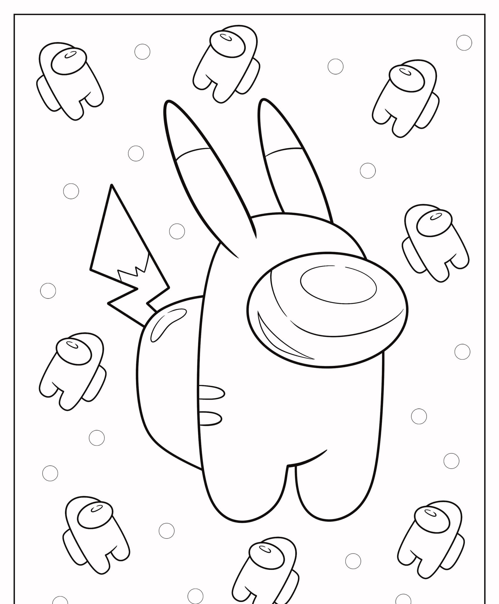 Personagem de Among Us com orelhas e cauda de Pikachu, cercado por personagens menores de Among Us em um fundo de bolinhas, pronto para colorir para uma divertida atividade de desenho. Para colorir.