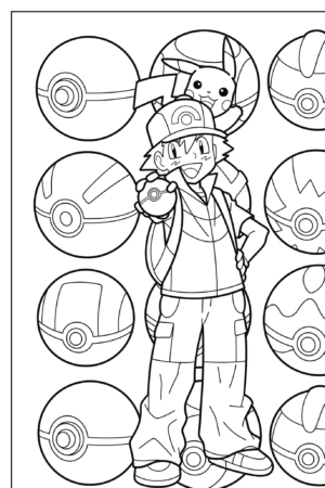 Um personagem de chapéu com Pikachu está entre diferentes Pokébolas em uma página para colorir em preto e branco, pronta para colorir e criar um desenho vibrante. Para colorir.