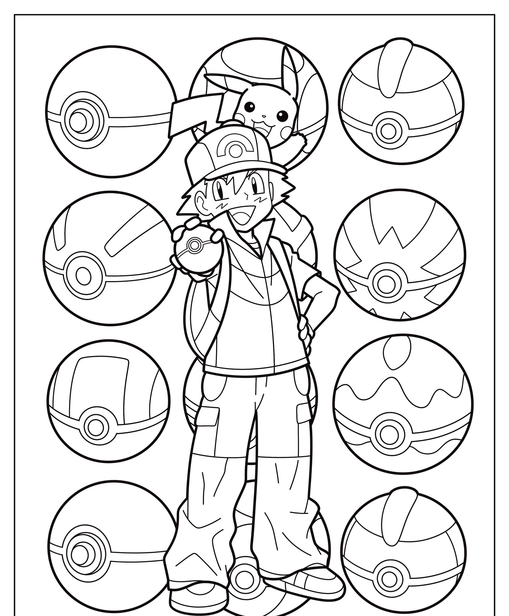 Um personagem de chapéu com Pikachu está entre diferentes Pokébolas em uma página para colorir em preto e branco, pronta para colorir e criar um desenho vibrante. Para colorir.