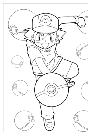 Ash Ketchum joga animadamente uma Pokébola, cercado por várias Pokébolas e seu fiel Pikachu, nesta página para colorir para colorir em preto e branco. Para colorir.