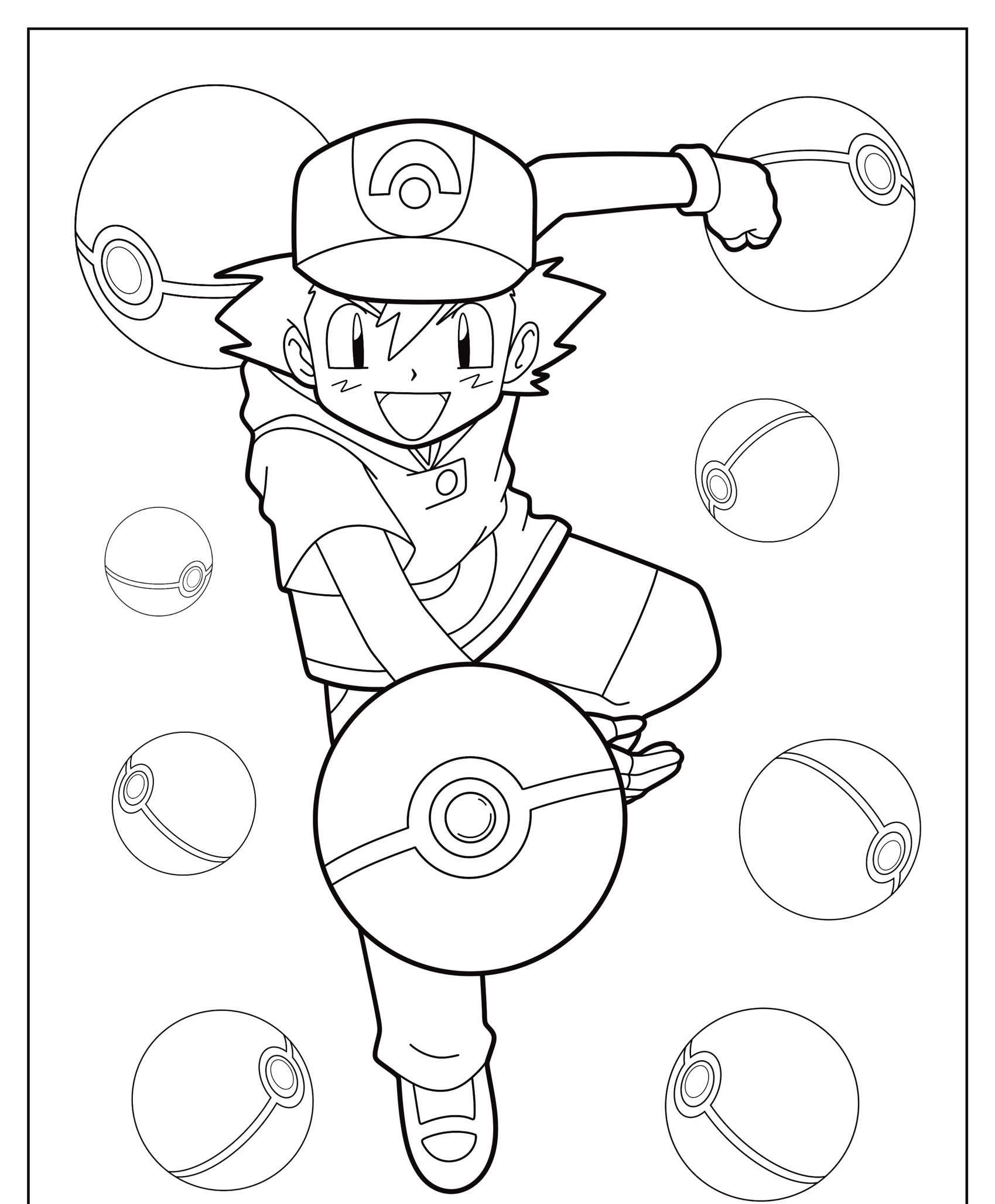 Ash Ketchum joga animadamente uma Pokébola, cercado por várias Pokébolas e seu fiel Pikachu, nesta página para colorir para colorir em preto e branco. Para colorir.