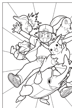 Uma pessoa com um boné e vários Pokémon, incluindo Pikachu e Totodile, pulando alegremente com raios ao fundo, perfeito para desenho para colorir. Para colorir.