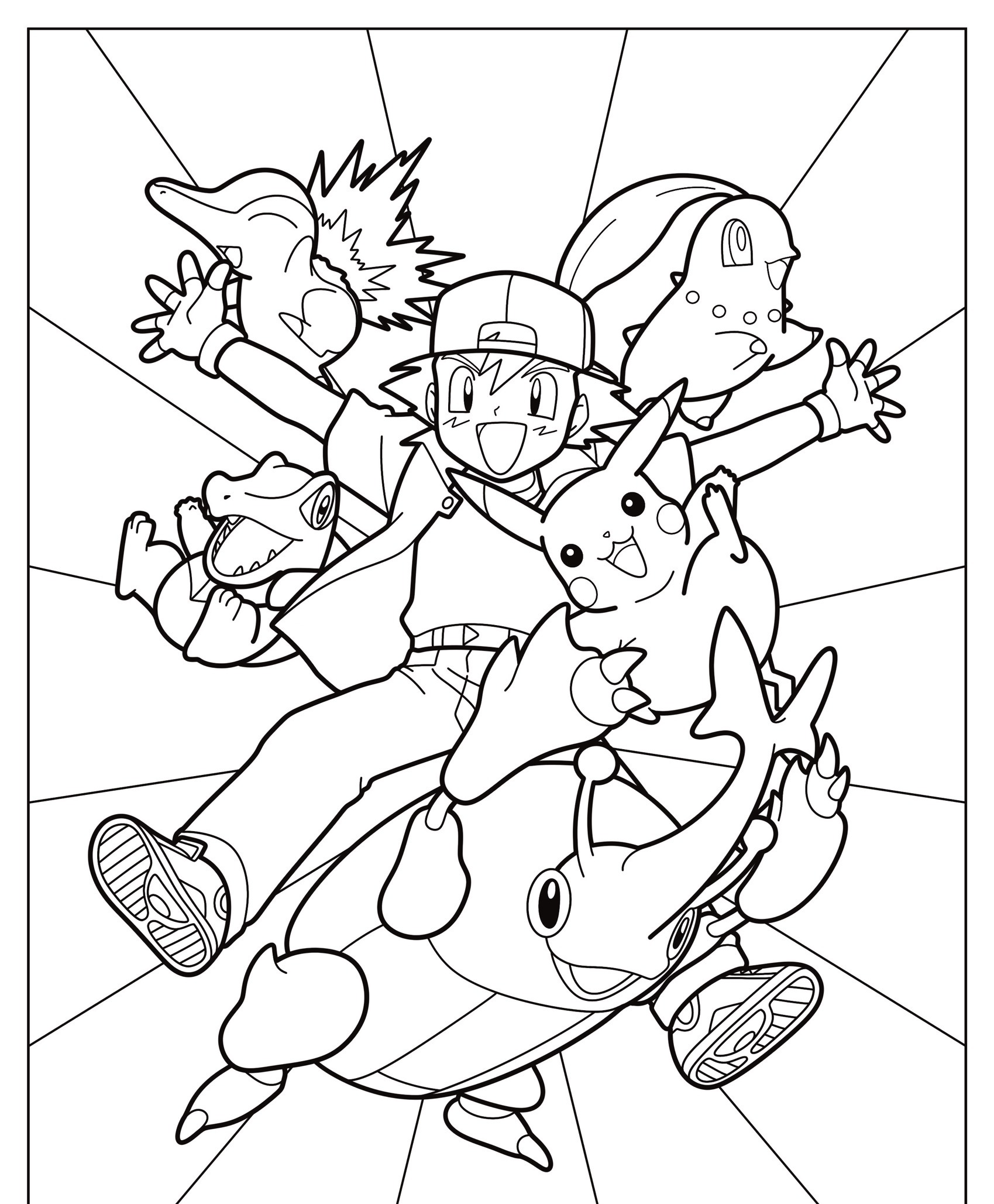 Uma pessoa com um boné e vários Pokémon, incluindo Pikachu e Totodile, pulando alegremente com raios ao fundo, perfeito para desenho para colorir. Para colorir.