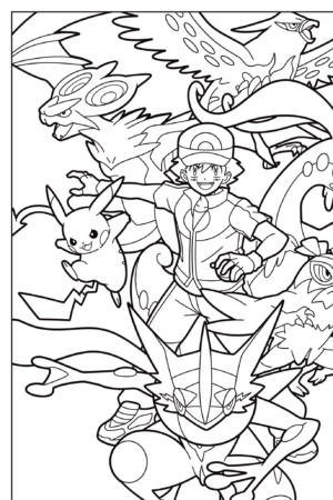 Uma arte detalhada para você colorir, apresentando um treinador com vários Pokémon, incluindo Pikachu, prontos para a ação. Para colorir.