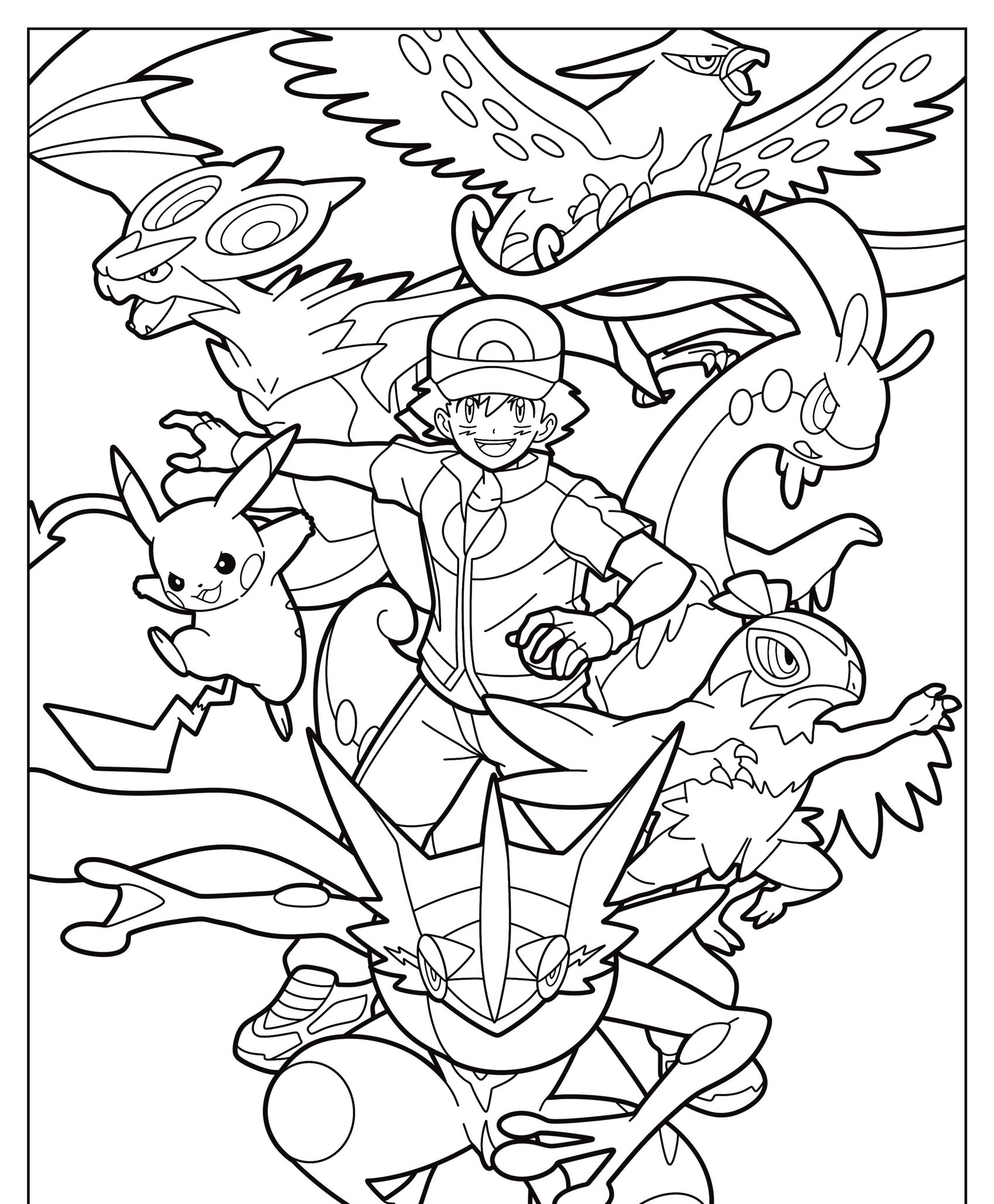 Uma arte detalhada para você colorir, apresentando um treinador com vários Pokémon, incluindo Pikachu, prontos para a ação. Para colorir.