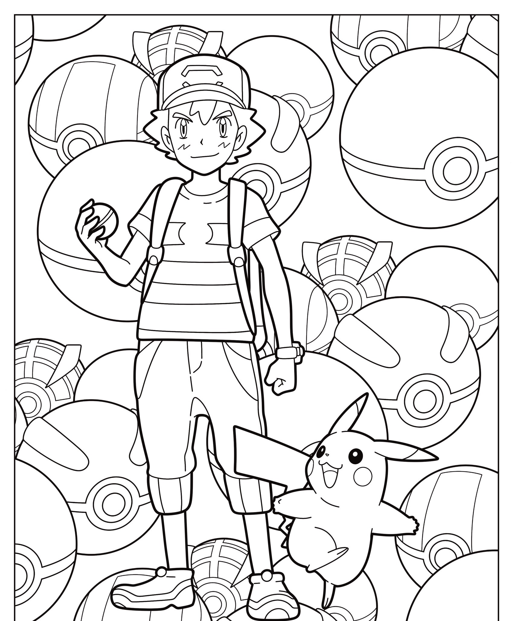 Uma pessoa de boné está com uma pequena criatura parecida com o Pikachu em meio a um fundo de várias Pokébolas coloridas. Para colorir.