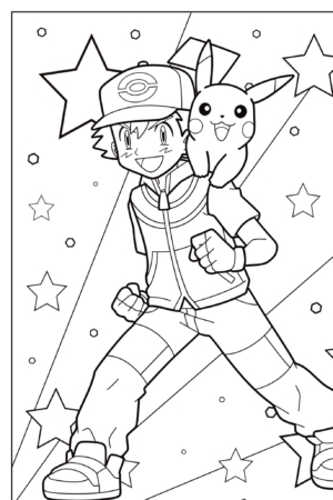 Um personagem com um boné e Pikachu no ombro, ambos sorrindo, cercados por estrelas e linhas dinâmicas que parecem prontos para colorir. Para colorir.