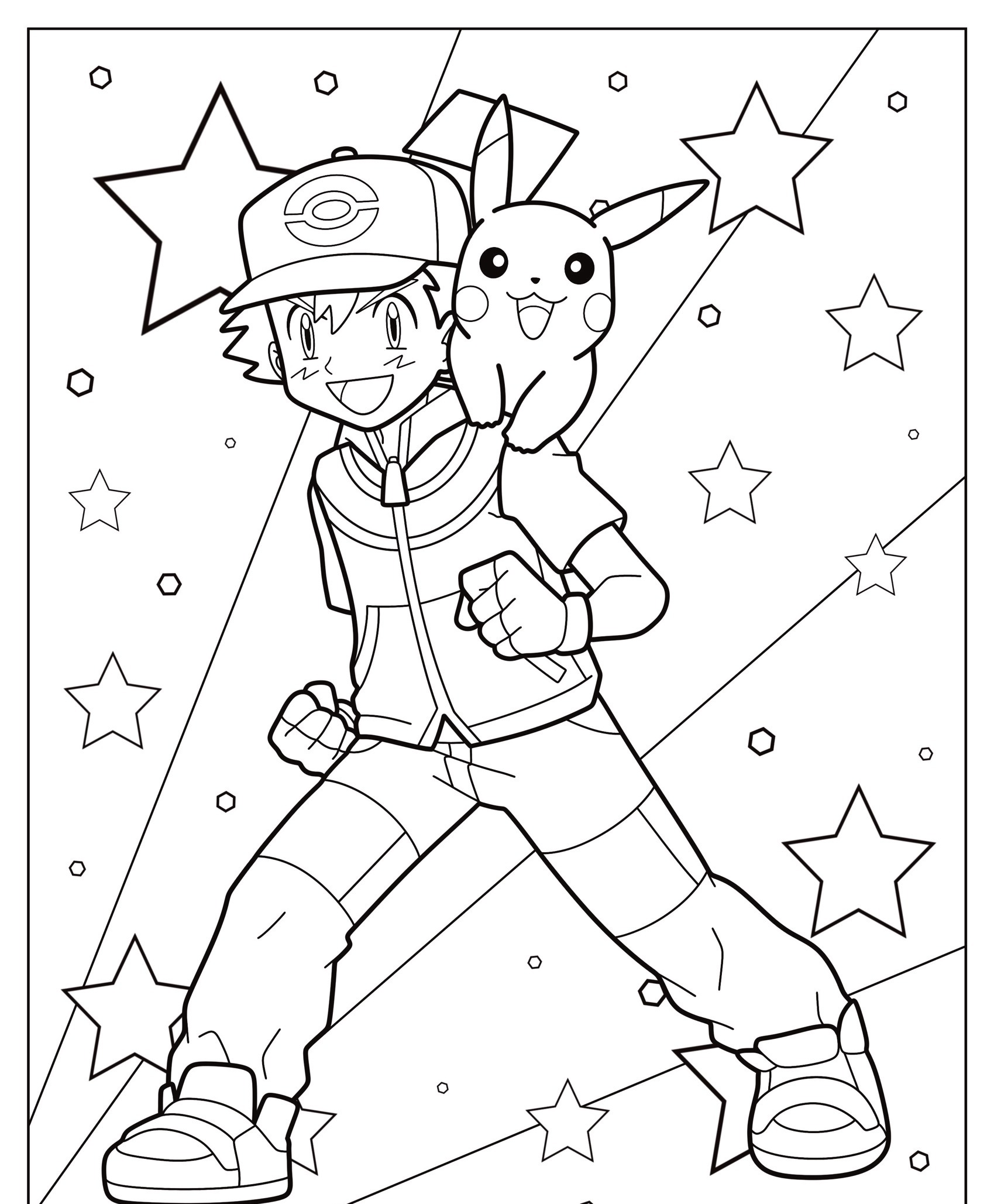 Um personagem com um boné e Pikachu no ombro, ambos sorrindo, cercados por estrelas e linhas dinâmicas que parecem prontos para colorir. Para colorir.