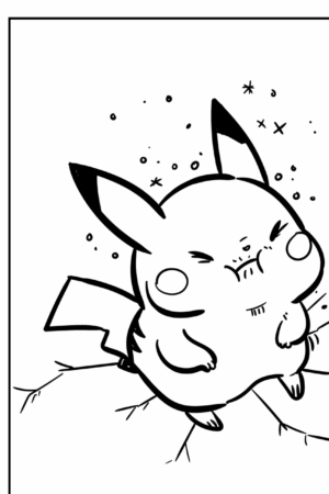 Um Pikachu de desenho animado com uma cara determinada está de pé, emitindo faíscas e causando rachaduras no chão, pronto para colorir seu dia com sua presença eletrizante. Para colorir.