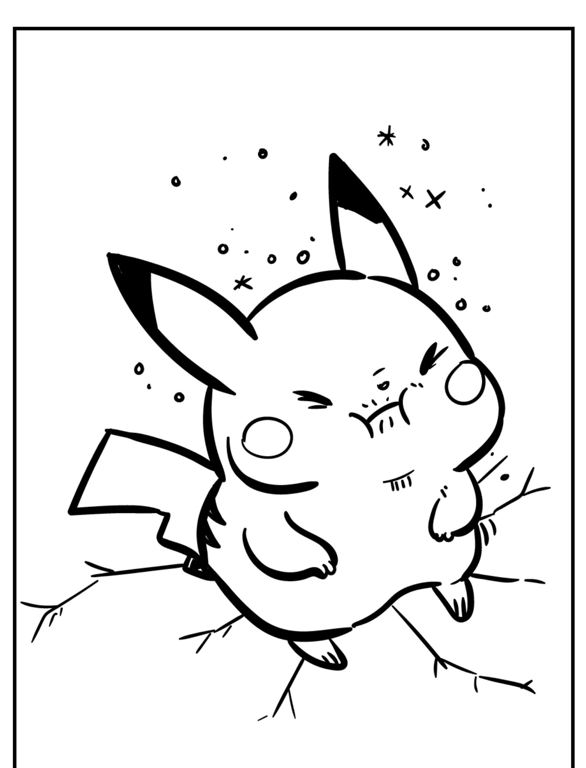 Um Pikachu de desenho animado com uma cara determinada está de pé, emitindo faíscas e causando rachaduras no chão, pronto para colorir seu dia com sua presença eletrizante. Para colorir.